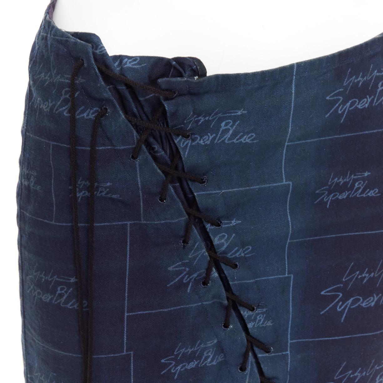 YOHJI YAMAMOTO Noir Superblue blue cotton logo print laced up skirt JP1 S For Sale 1