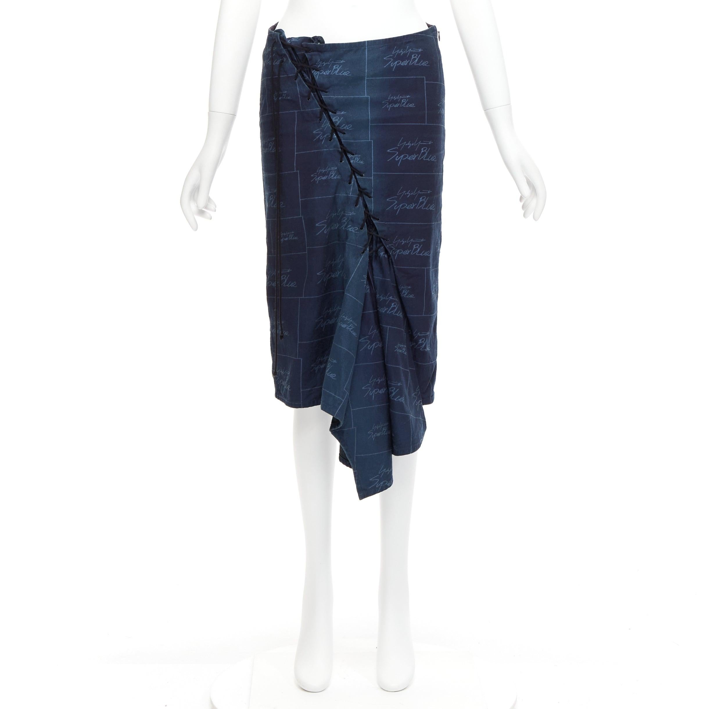 YOHJI YAMAMOTO Noir Superblue blue cotton logo print laced up skirt JP1 S For Sale 4