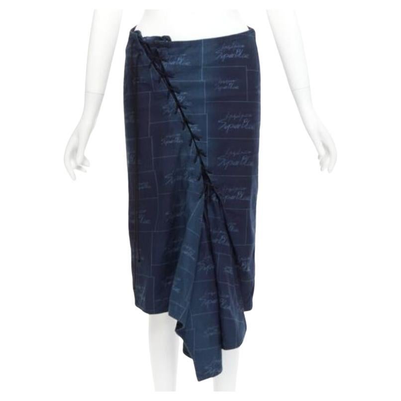 YOHJI YAMAMOTO Noir Superblue blue cotton logo print laced up skirt JP1 S For Sale
