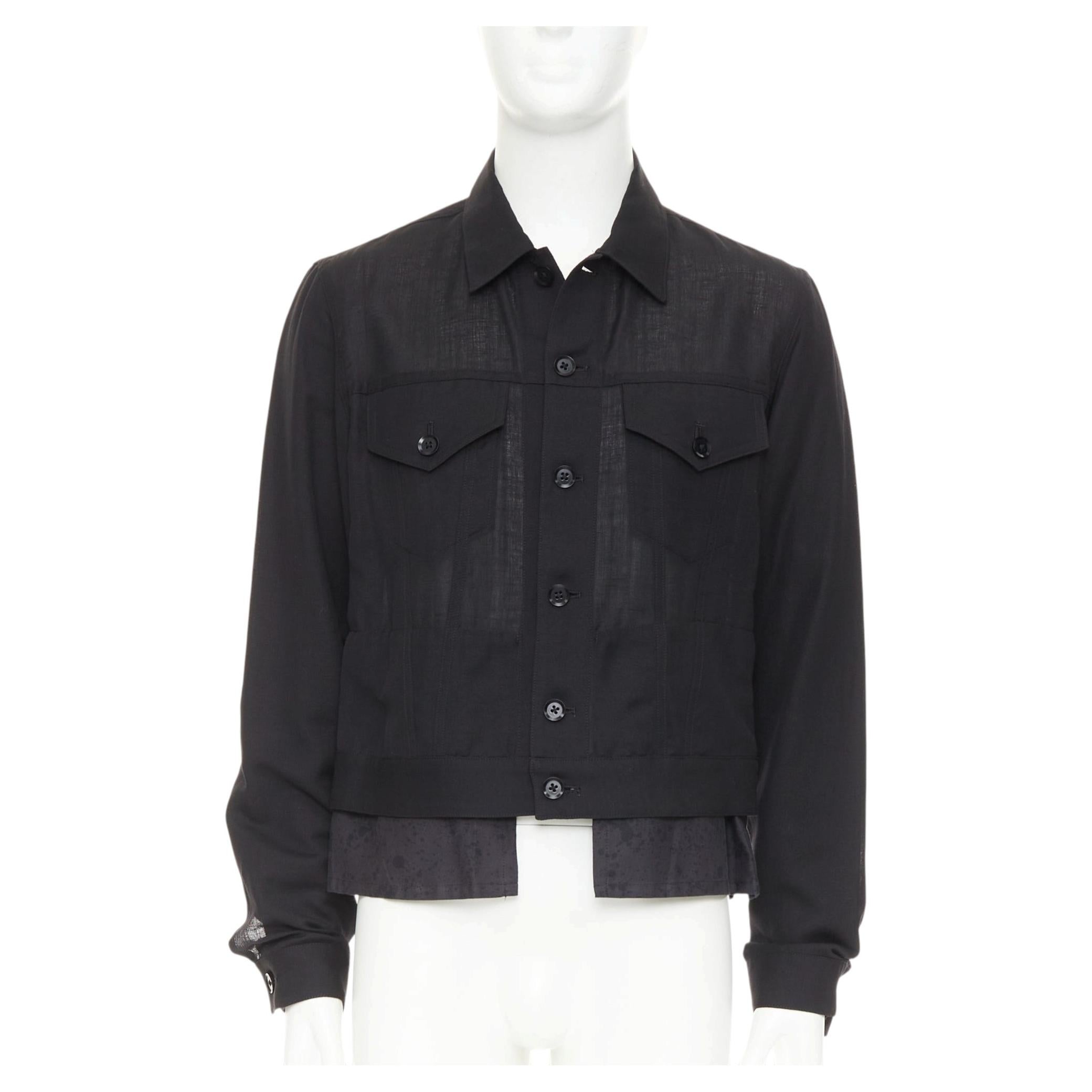 YOHJI YAMAMOTO Pour Homme black wool linen layered cropped trucker jacket JP4 XL