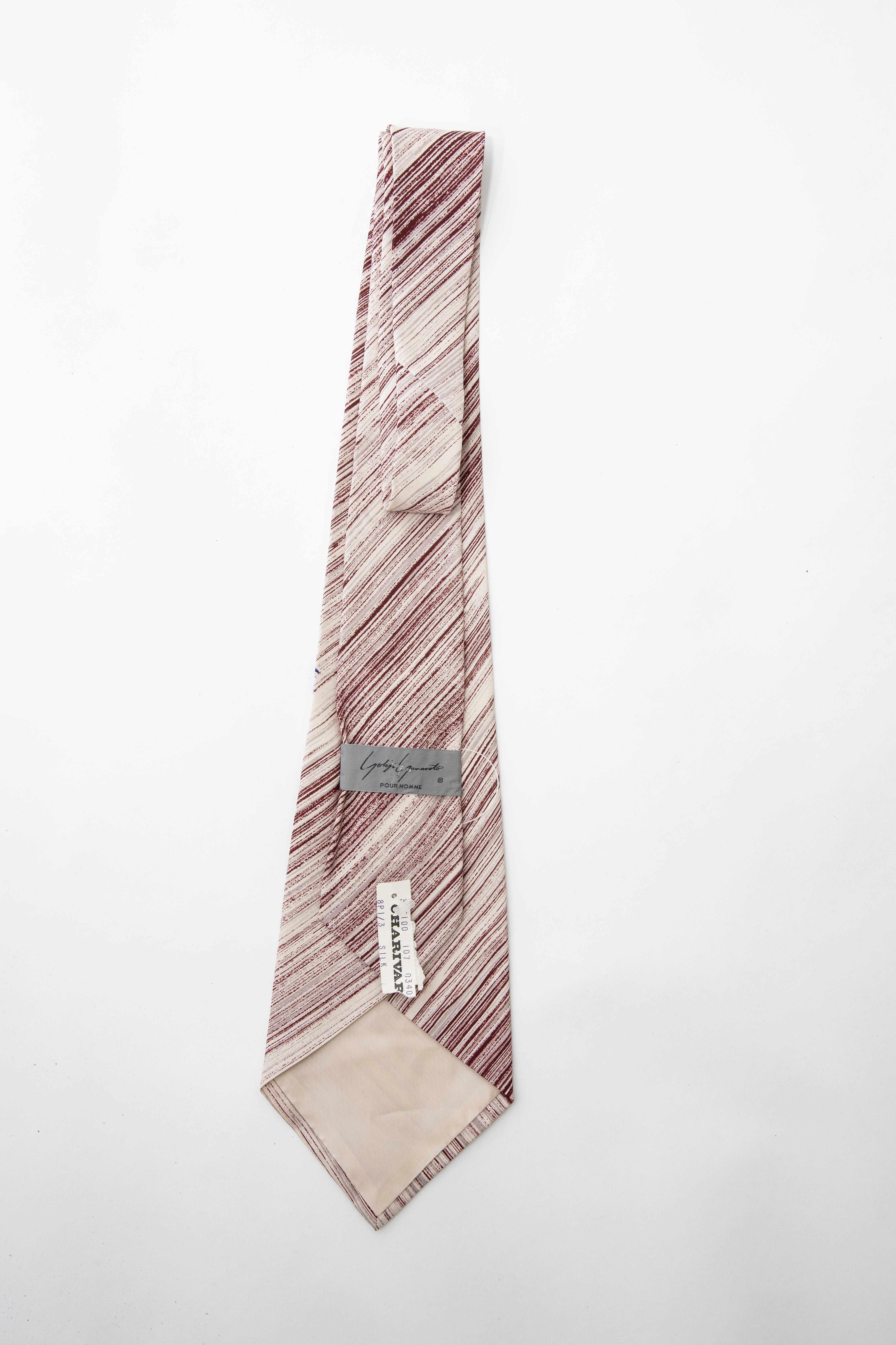 Gray Yohji Yamamoto Pour Homme Charivari Silk Printed Floral Striped Tie, ca. 1980's For Sale