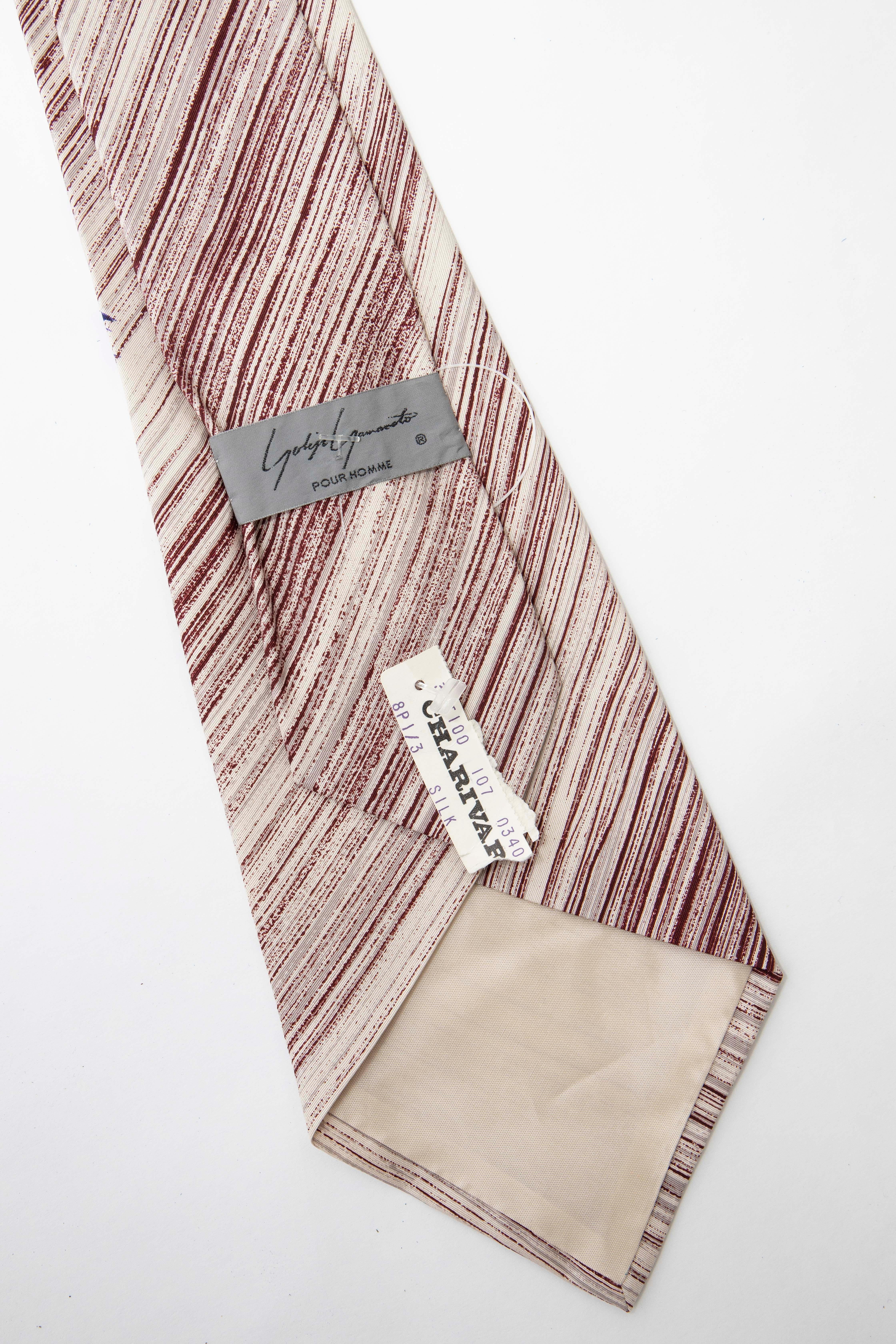 Yohji Yamamoto Pour Homme Charivari Silk Printed Floral Striped Tie, ca. 1980's In Excellent Condition For Sale In Cincinnati, OH