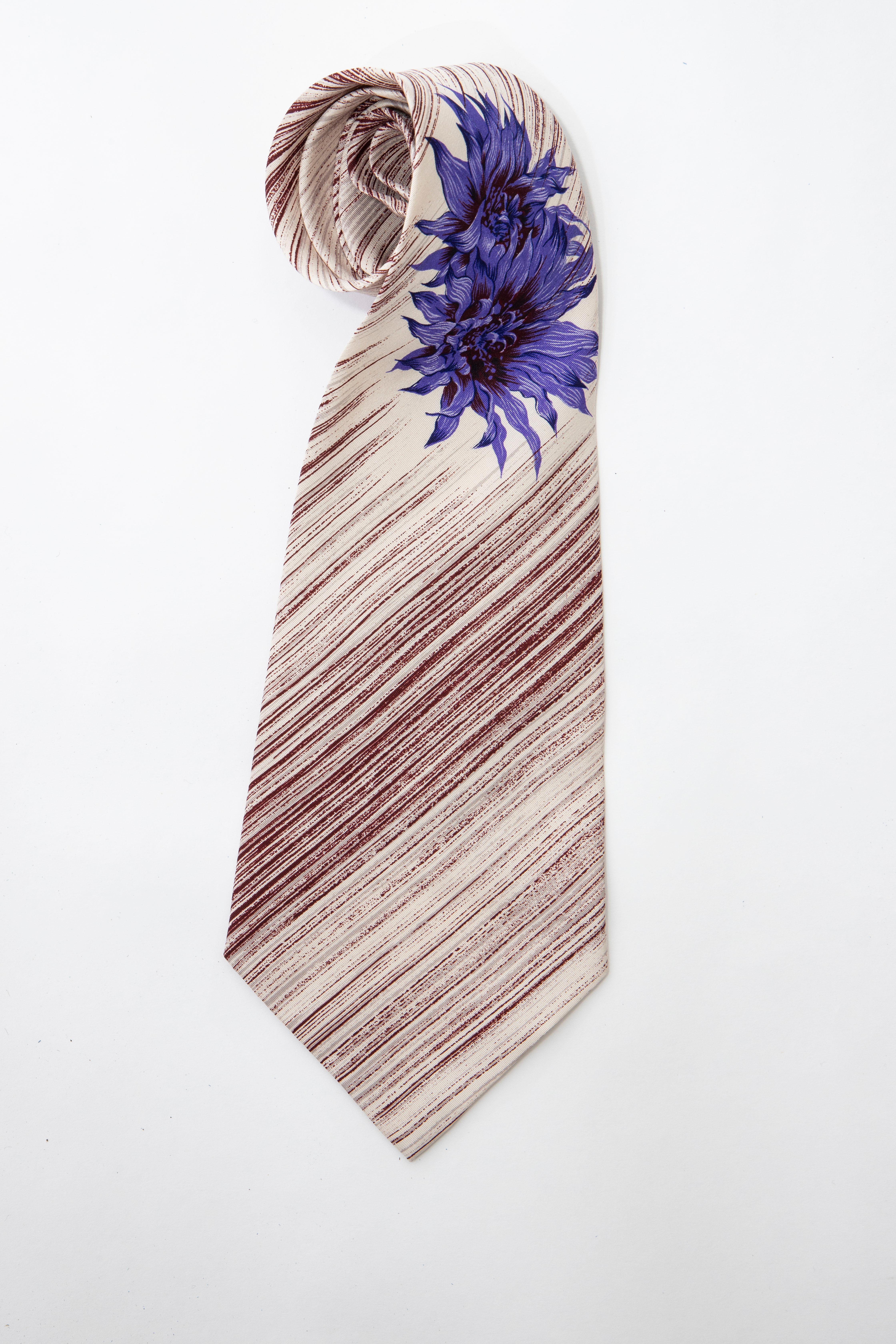 Men's Yohji Yamamoto Pour Homme Charivari Silk Printed Floral Striped Tie, ca. 1980's For Sale