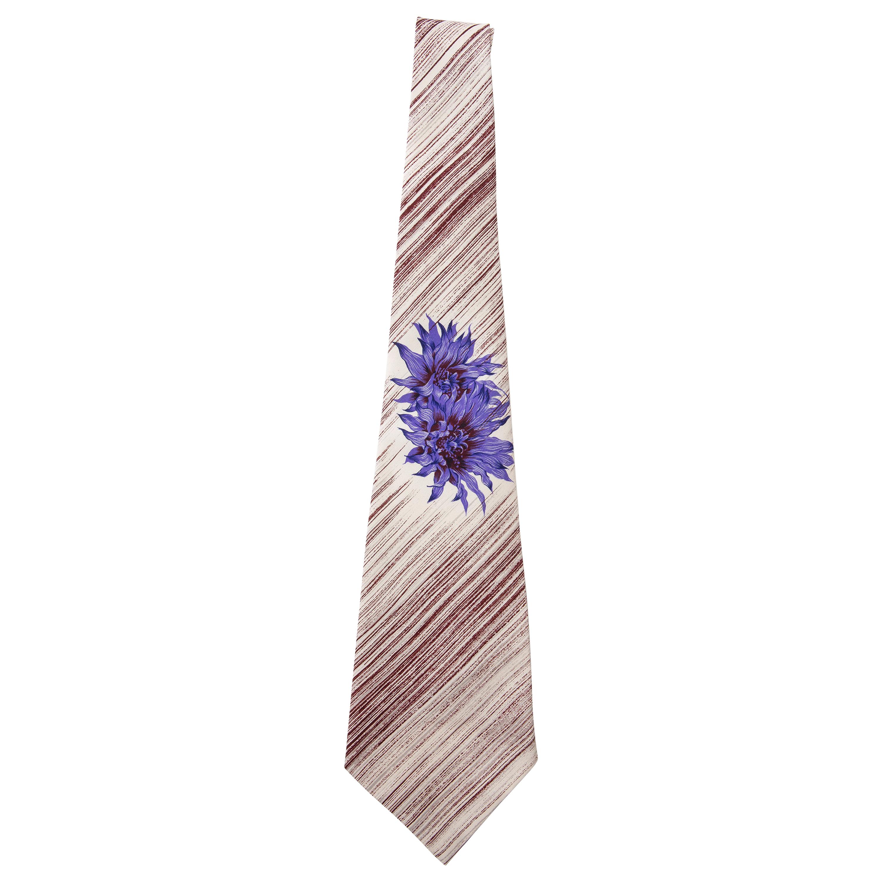 Yohji Yamamoto Pour Homme Charivari Silk Printed Floral Striped Tie, ca. 1980's For Sale