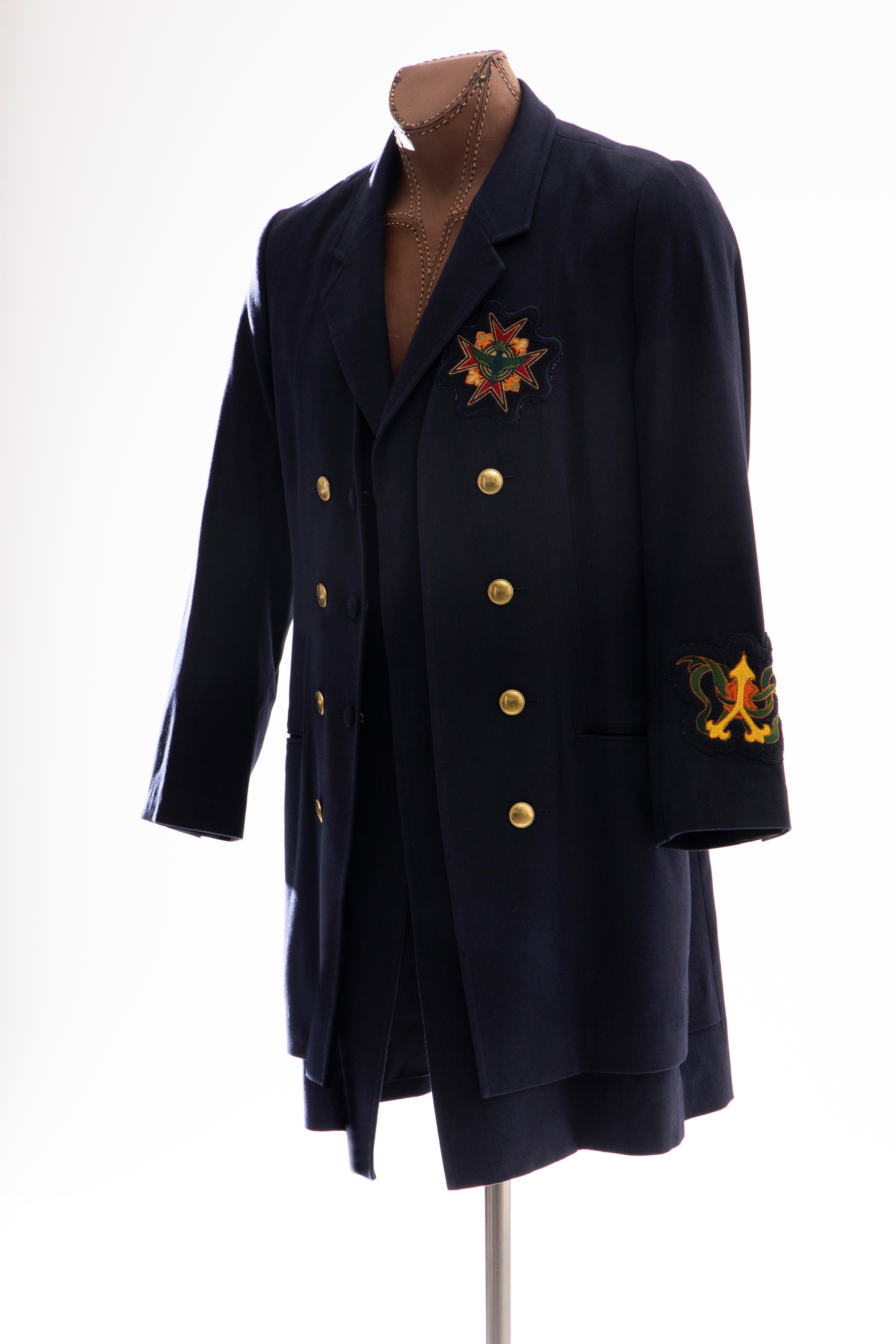 Yohji Yamamoto Pour Homme Cotton Wool Navy Coat Embroidered Patches, Fall 2012 For Sale 3