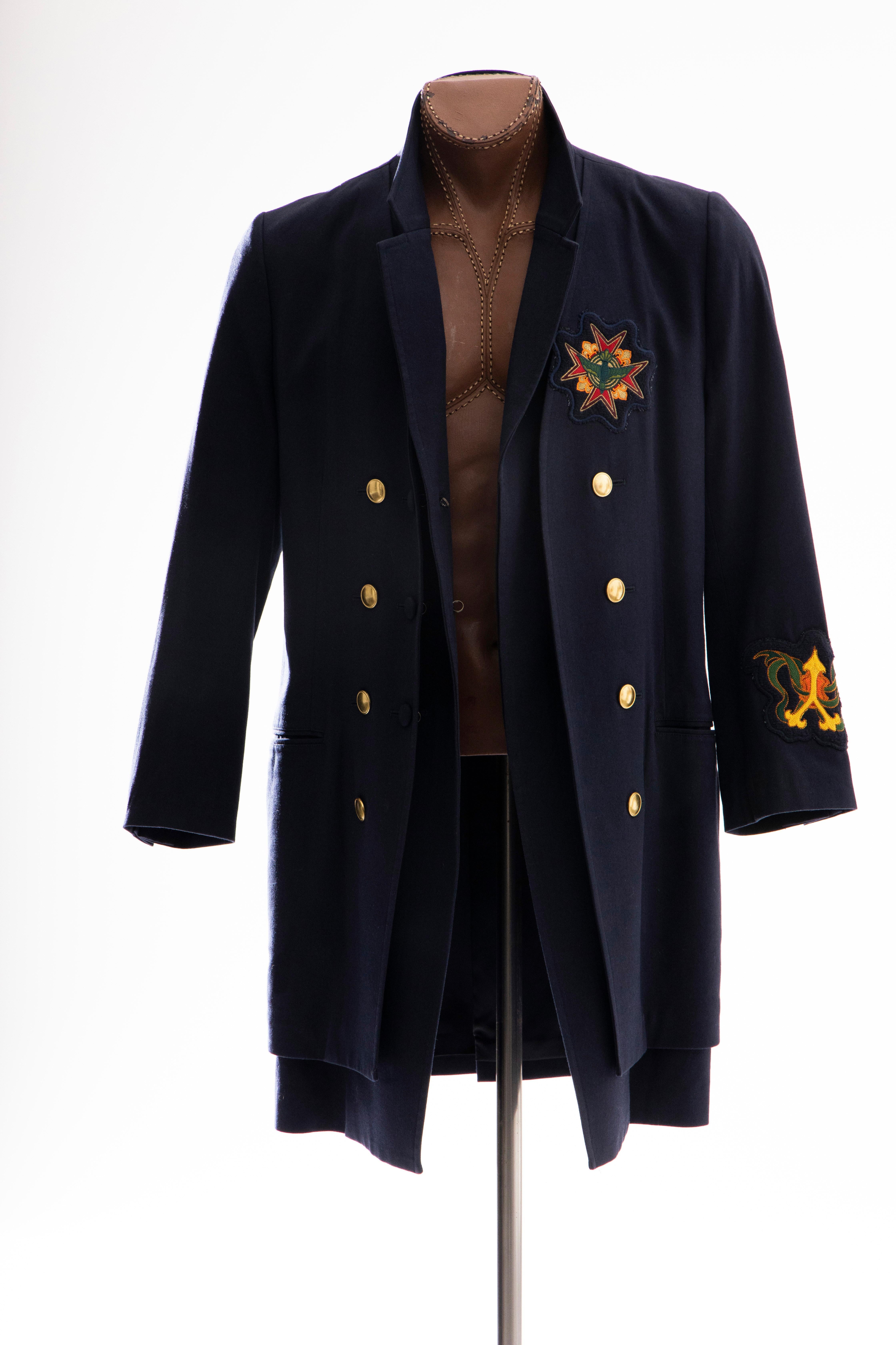 Yohji Yamamoto Pour Homme Cotton Wool Navy Coat Embroidered Patches, Fall 2012 For Sale 4