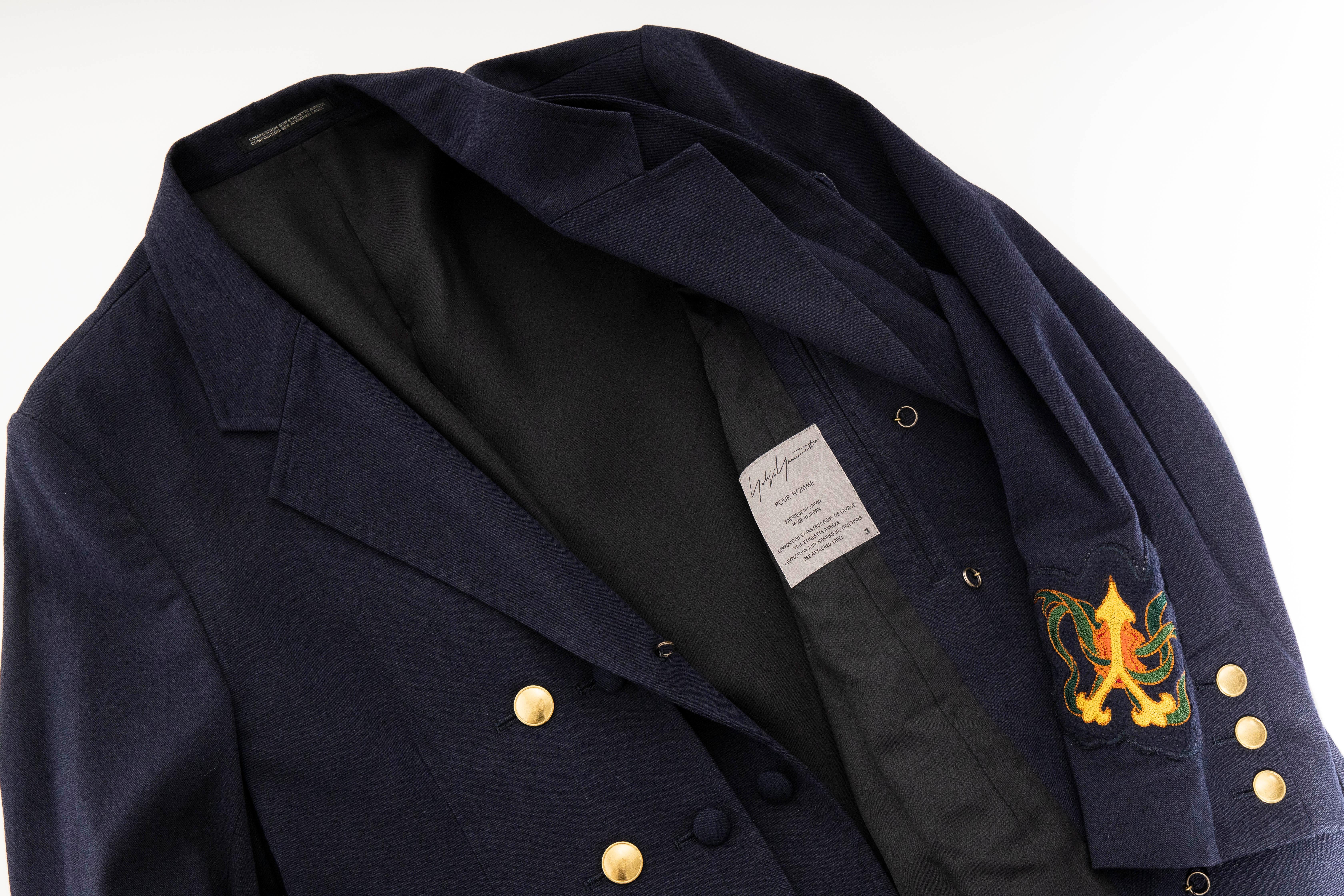 Yohji Yamamoto Pour Homme Cotton Wool Navy Coat Embroidered Patches, Fall 2012 For Sale 7