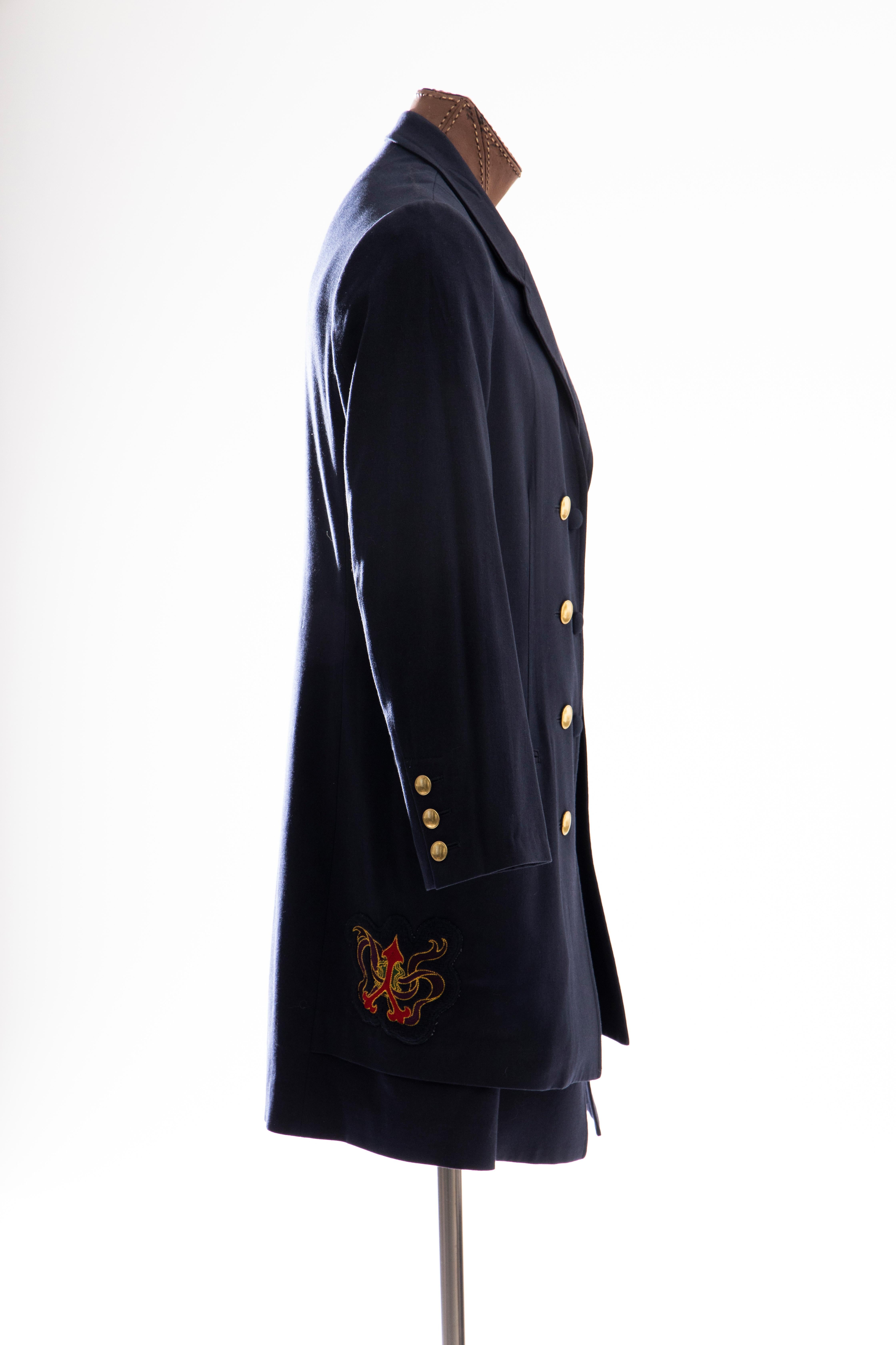 Black Yohji Yamamoto Pour Homme Cotton Wool Navy Coat Embroidered Patches, Fall 2012 For Sale