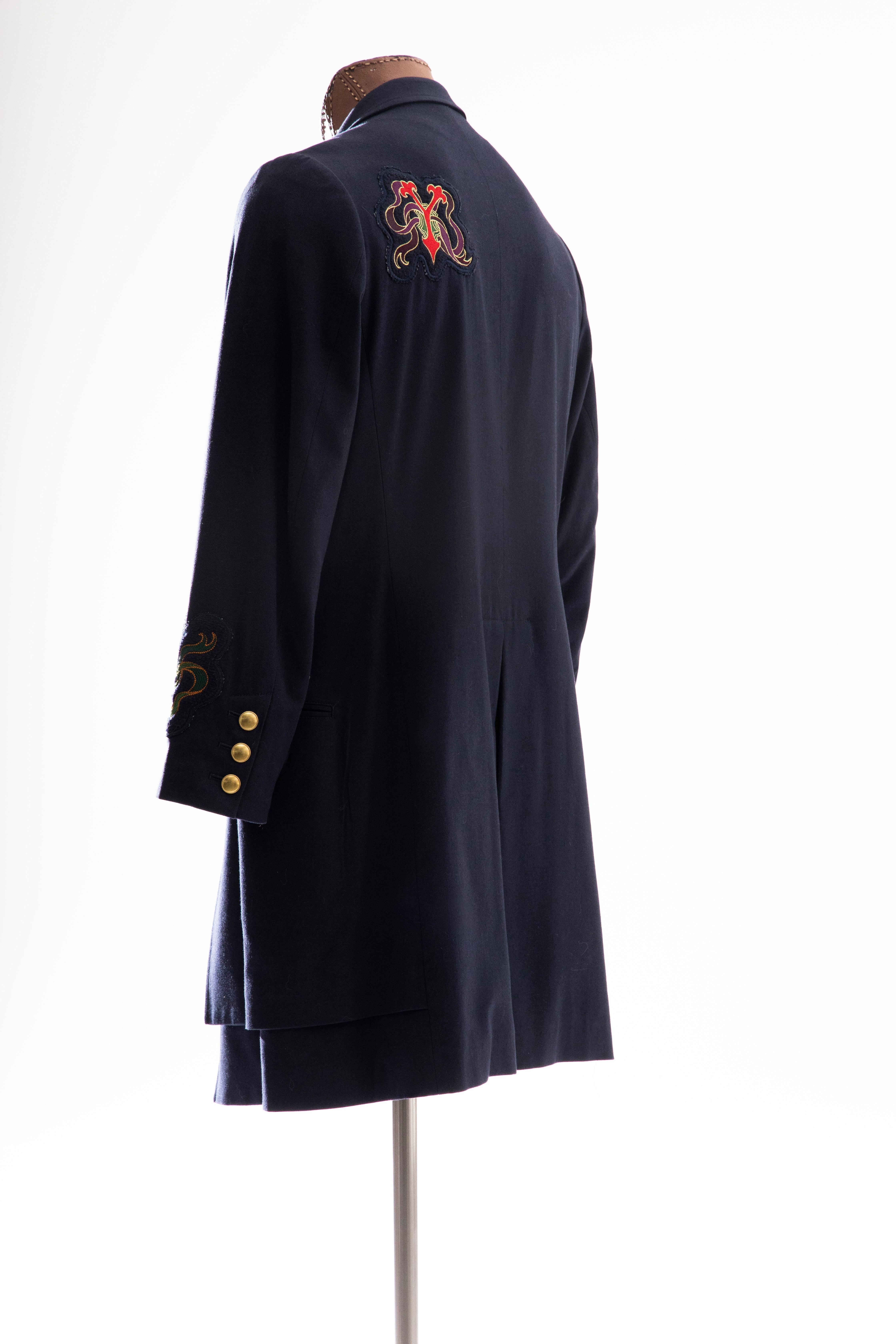 Yohji Yamamoto Pour Homme Cotton Wool Navy Coat Embroidered Patches, Fall 2012 For Sale 1