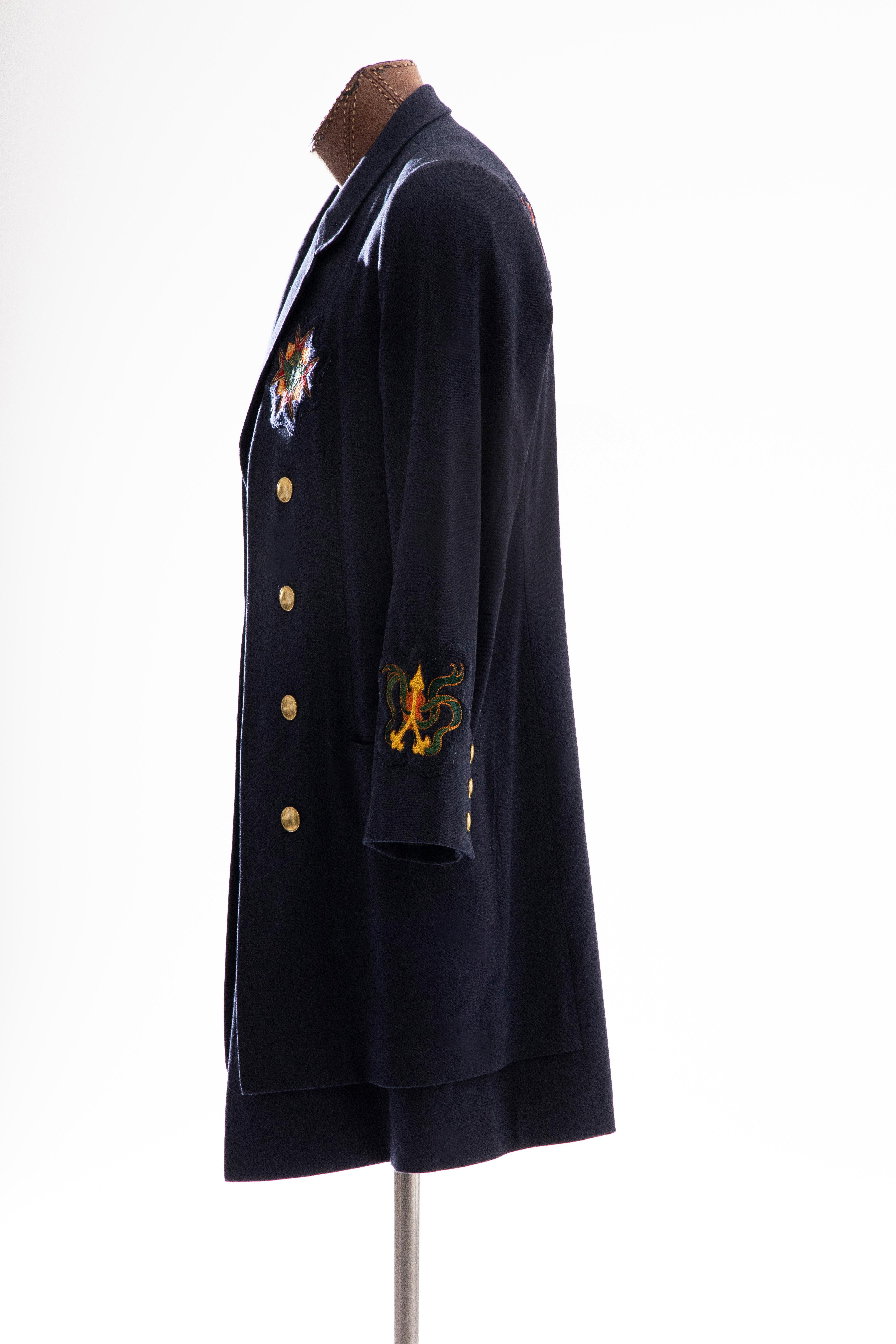 Yohji Yamamoto Pour Homme Cotton Wool Navy Coat Embroidered Patches, Fall 2012 For Sale 2