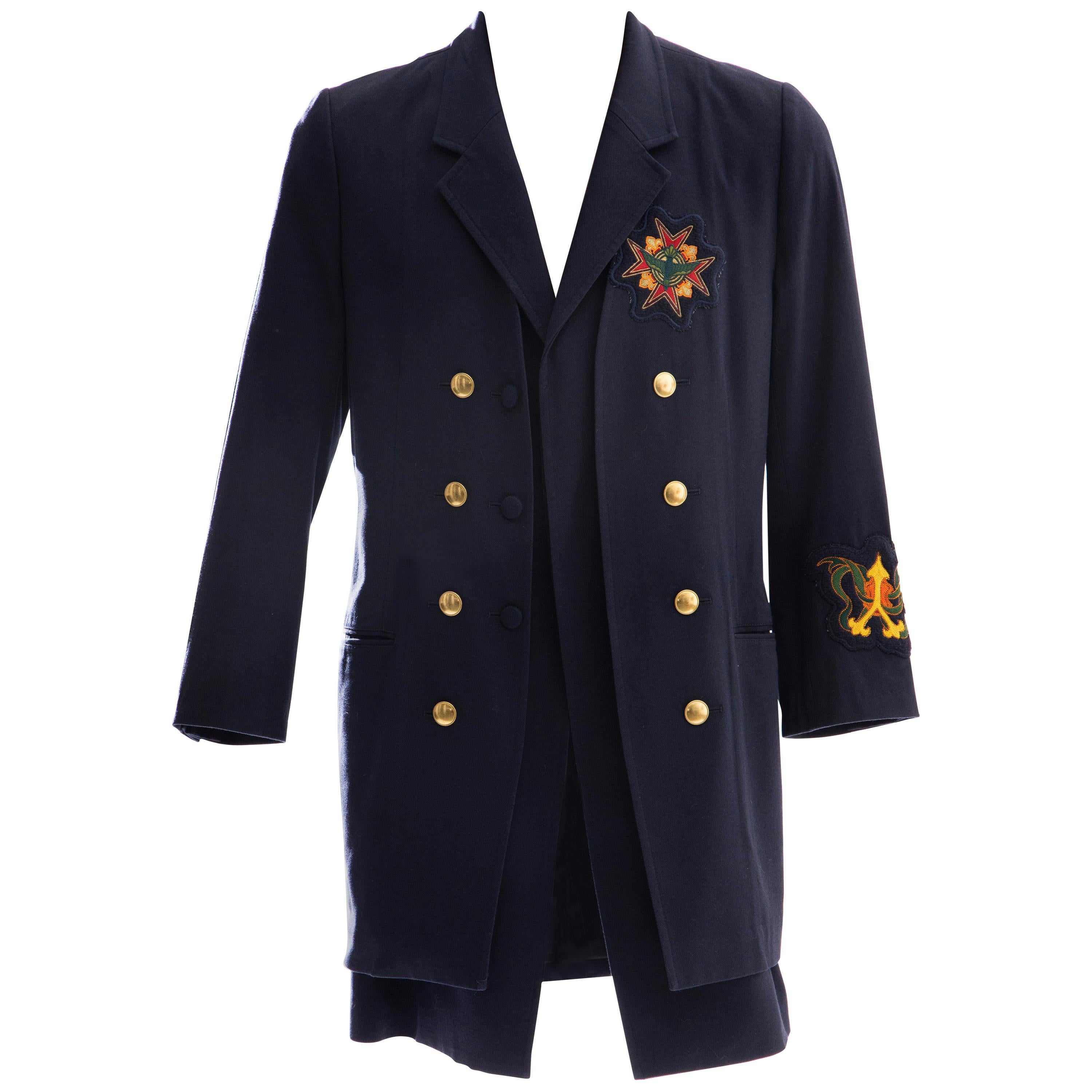 Yohji Yamamoto Pour Homme Cotton Wool Navy Coat Embroidered Patches, Fall 2012 For Sale