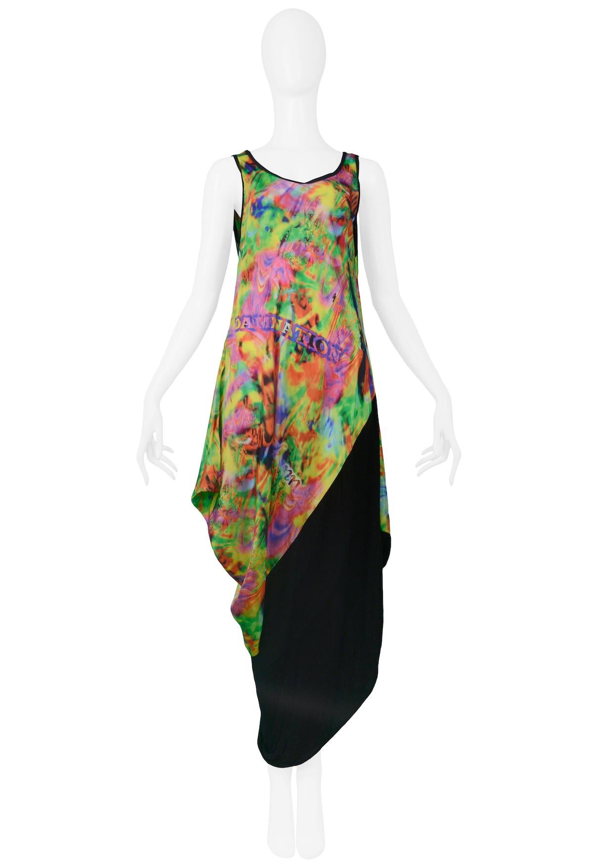 Yohji Yamamoto neon multicolor silk tank gown with asymmetrical drape. Features psychedelic print with the word 