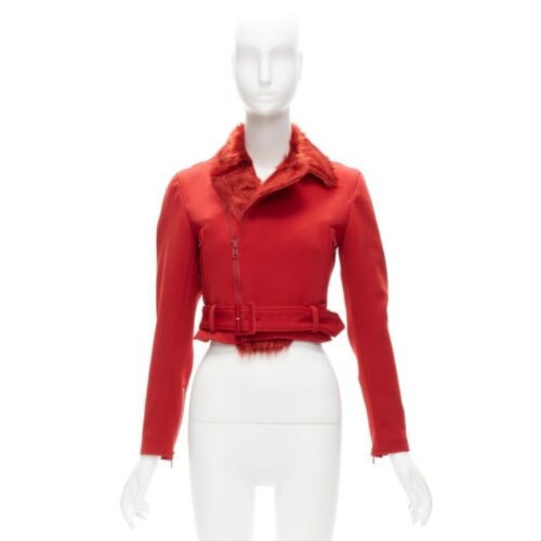 YOHJI YAMAMOTO red faux fur collar 3 stripes belted cropped biker jacket S For Sale 5