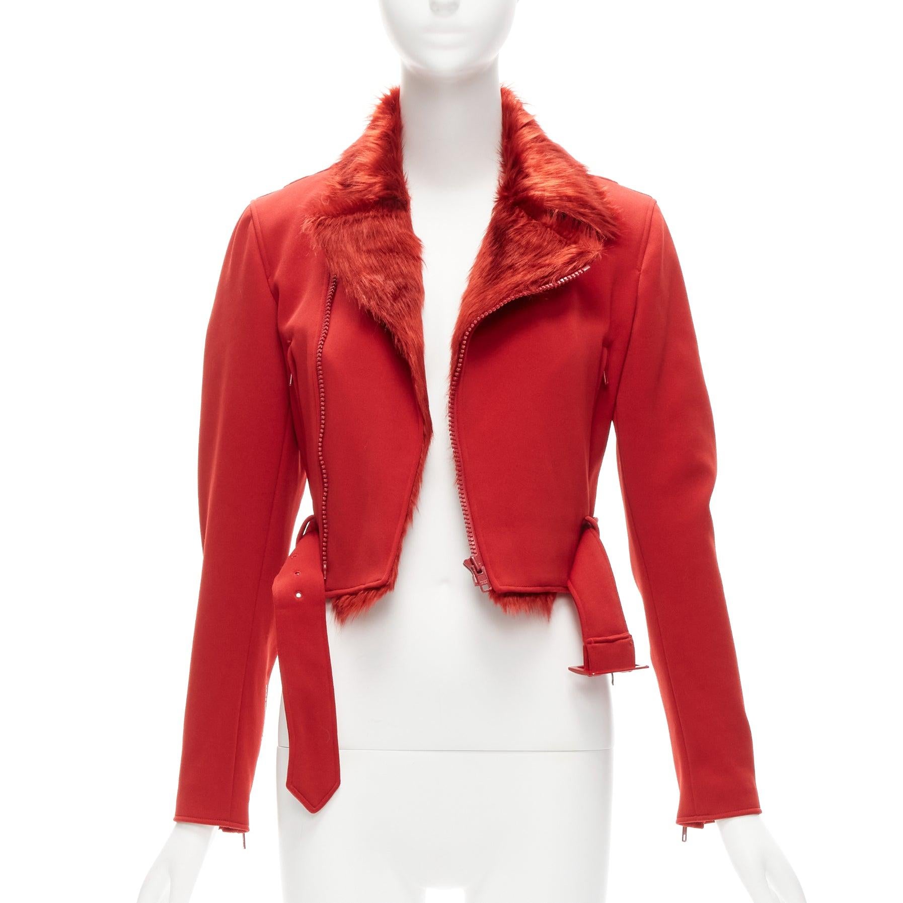 YOHJI YAMAMOTO red faux fur collar 3 stripes belted cropped biker jacket S
Reference: ANWU/A01082
Brand: Y3
Material: Fabric, Faux Fur
Color: Red
Pattern: Solid
Closure: Zip
Lining: Red Fabric
Extra Details: 3 Stripes signature at back center.
Made