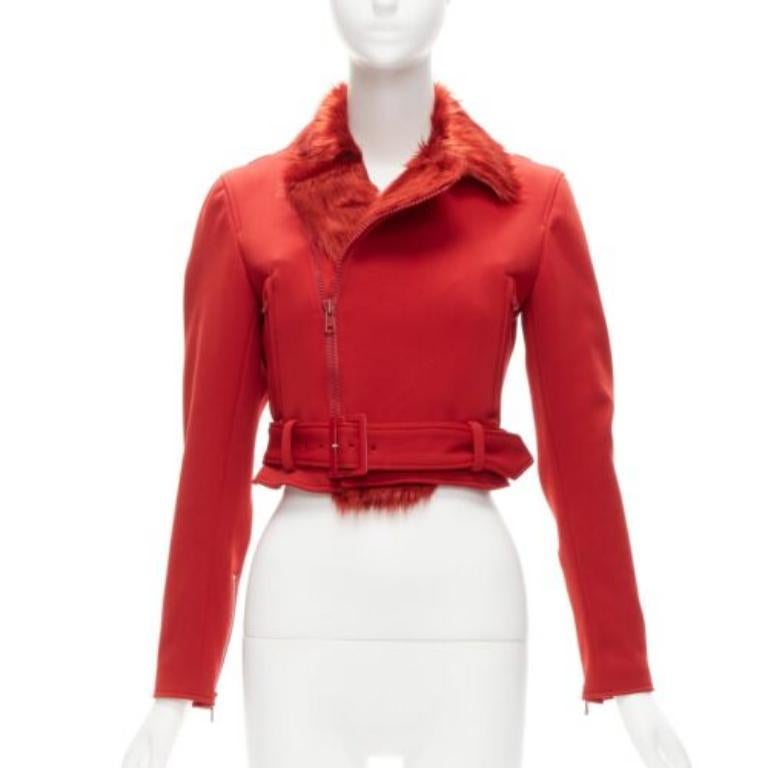 Red YOHJI YAMAMOTO red faux fur collar 3 stripes belted cropped biker jacket S For Sale