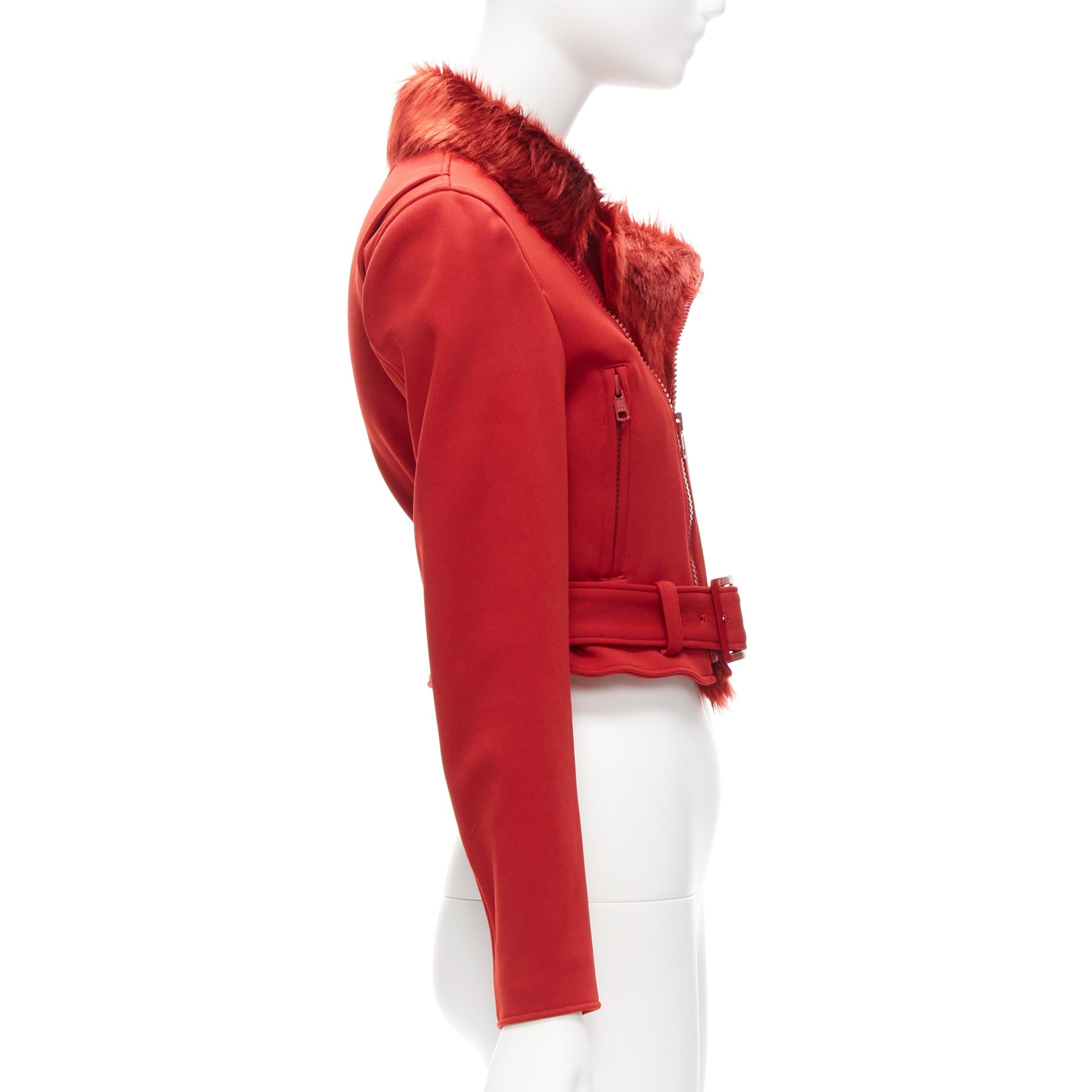 Women's YOHJI YAMAMOTO red faux fur collar 3 stripes belted cropped biker jacket S For Sale