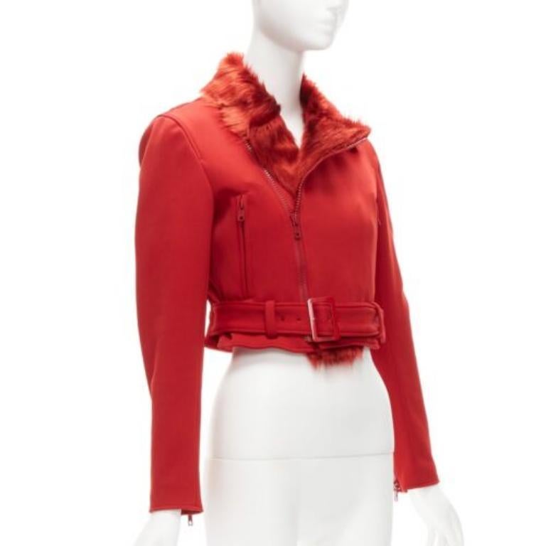 YOHJI YAMAMOTO red faux fur collar 3 stripes belted cropped biker jacket S In Excellent Condition For Sale In Hong Kong, NT