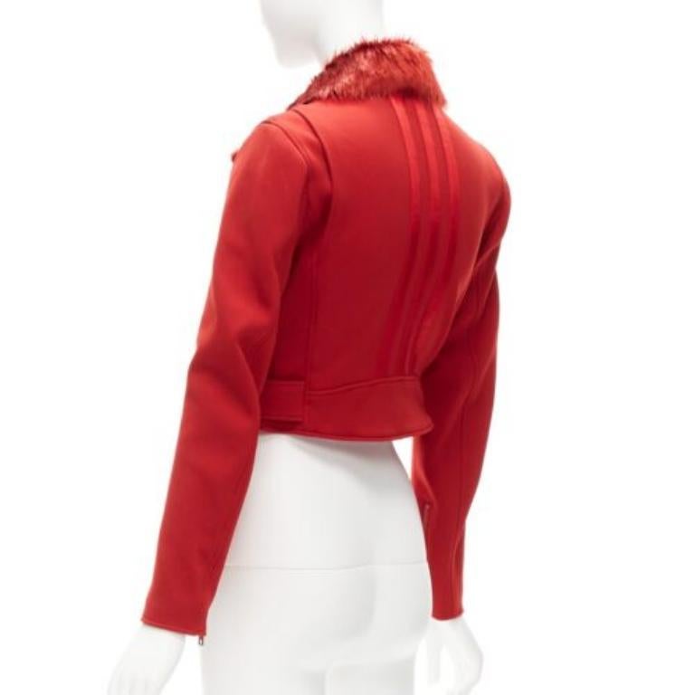 YOHJI YAMAMOTO red faux fur collar 3 stripes belted cropped biker jacket S For Sale 1