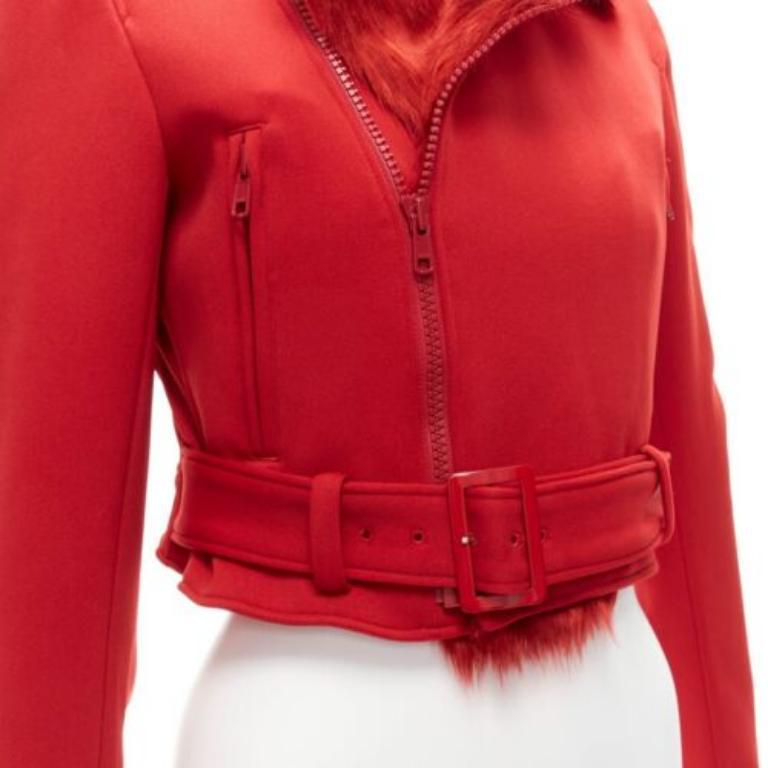 YOHJI YAMAMOTO red faux fur collar 3 stripes belted cropped biker jacket S For Sale 2