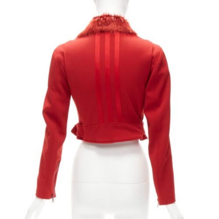 YOHJI YAMAMOTO red faux fur collar 3 stripes belted cropped biker jacket S For Sale 3