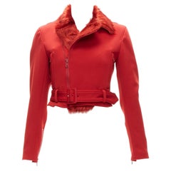 YOHJI YAMAMOTO red faux fur collar 3 stripes belted cropped biker jacket S