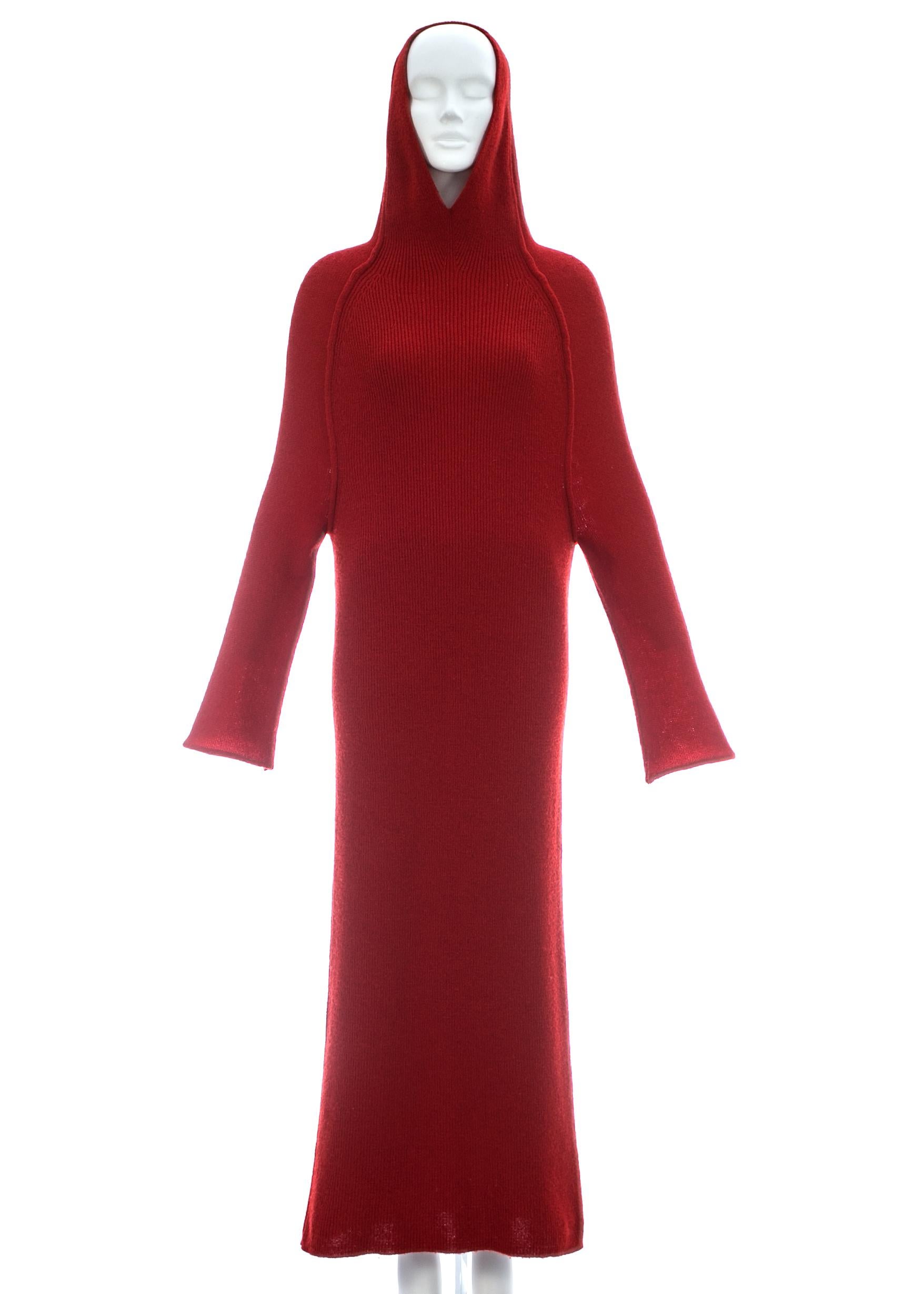 Red Yohji Yamamoto red wool hooded knitted maxi dress, c. 1990s For Sale