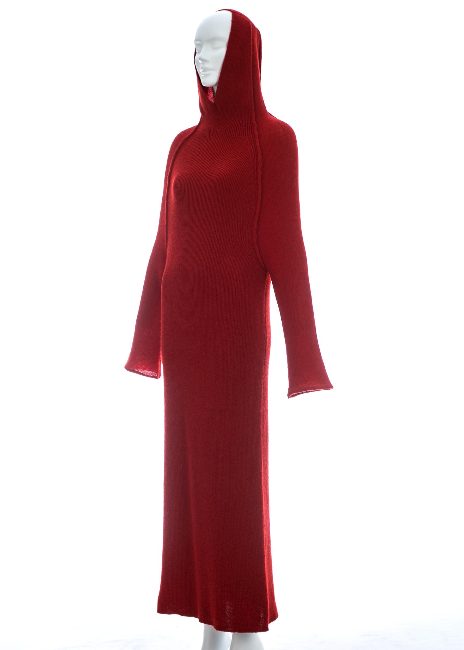 Women's or Men's Yohji Yamamoto red wool hooded knitted maxi dress, c. 1990s For Sale
