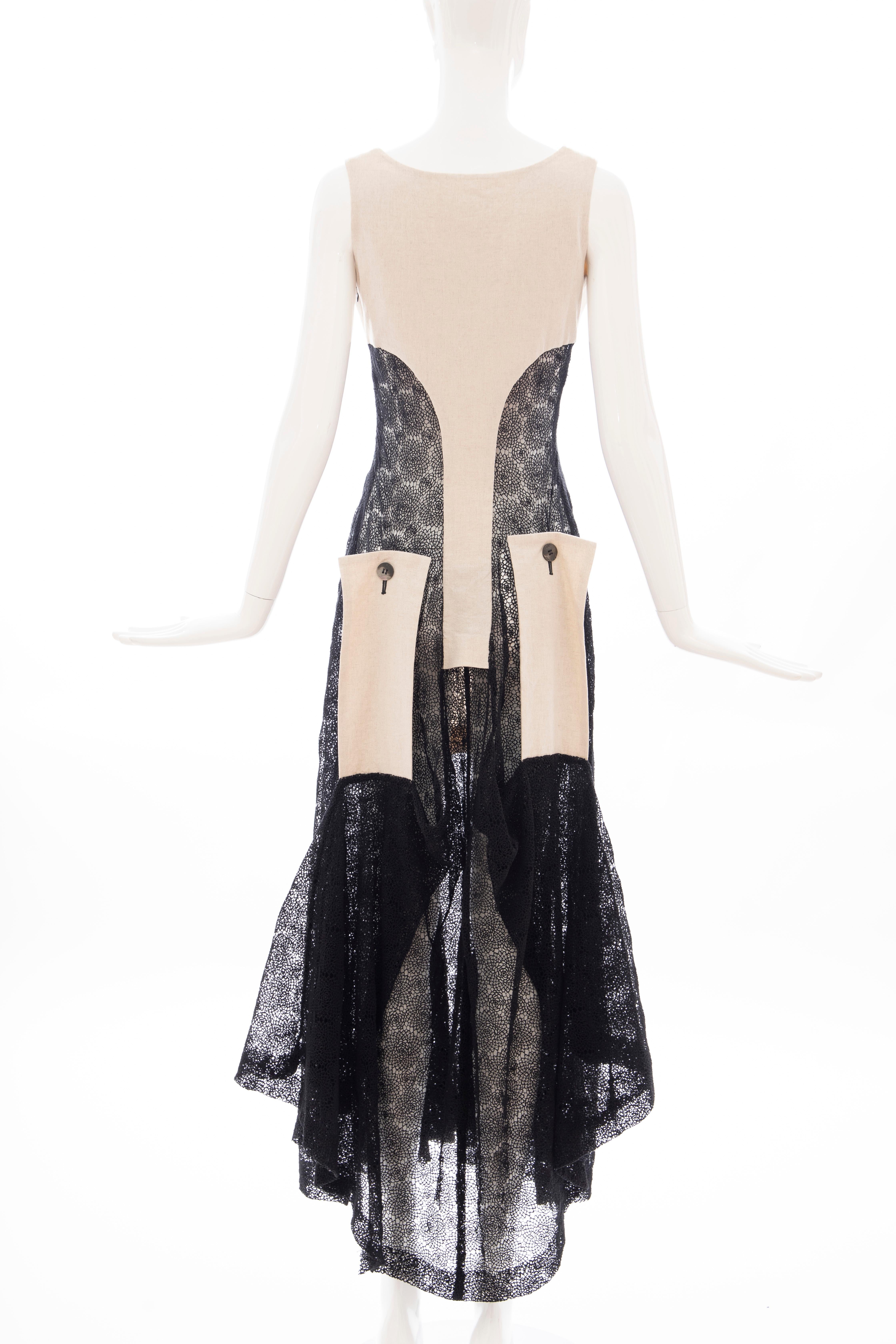 Yohji Yamamoto Runway Black Cotton Lace & Natural Linen Dress, Spring 2005 6