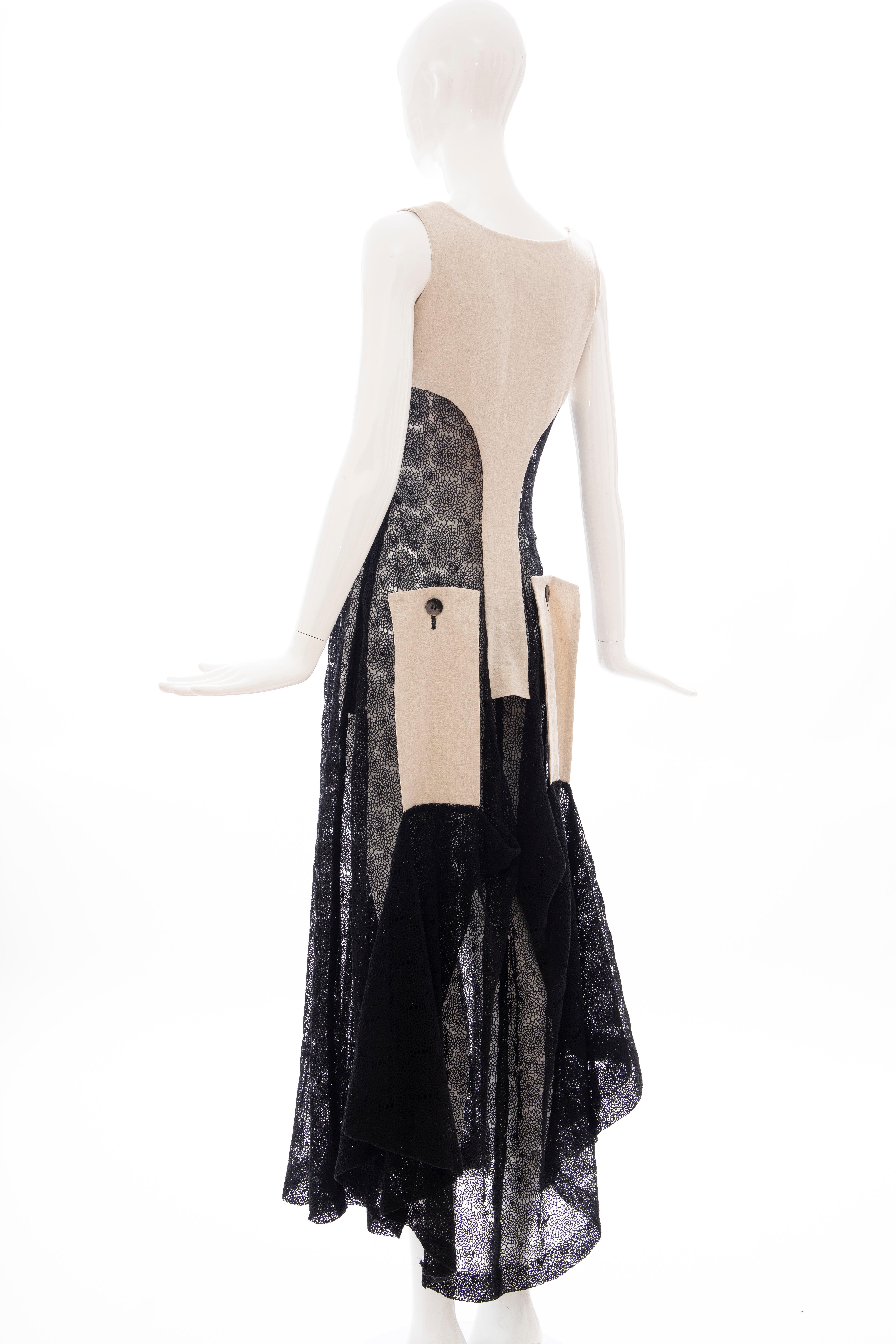 Yohji Yamamoto Runway Black Cotton Lace & Natural Linen Dress, Spring 2005 9