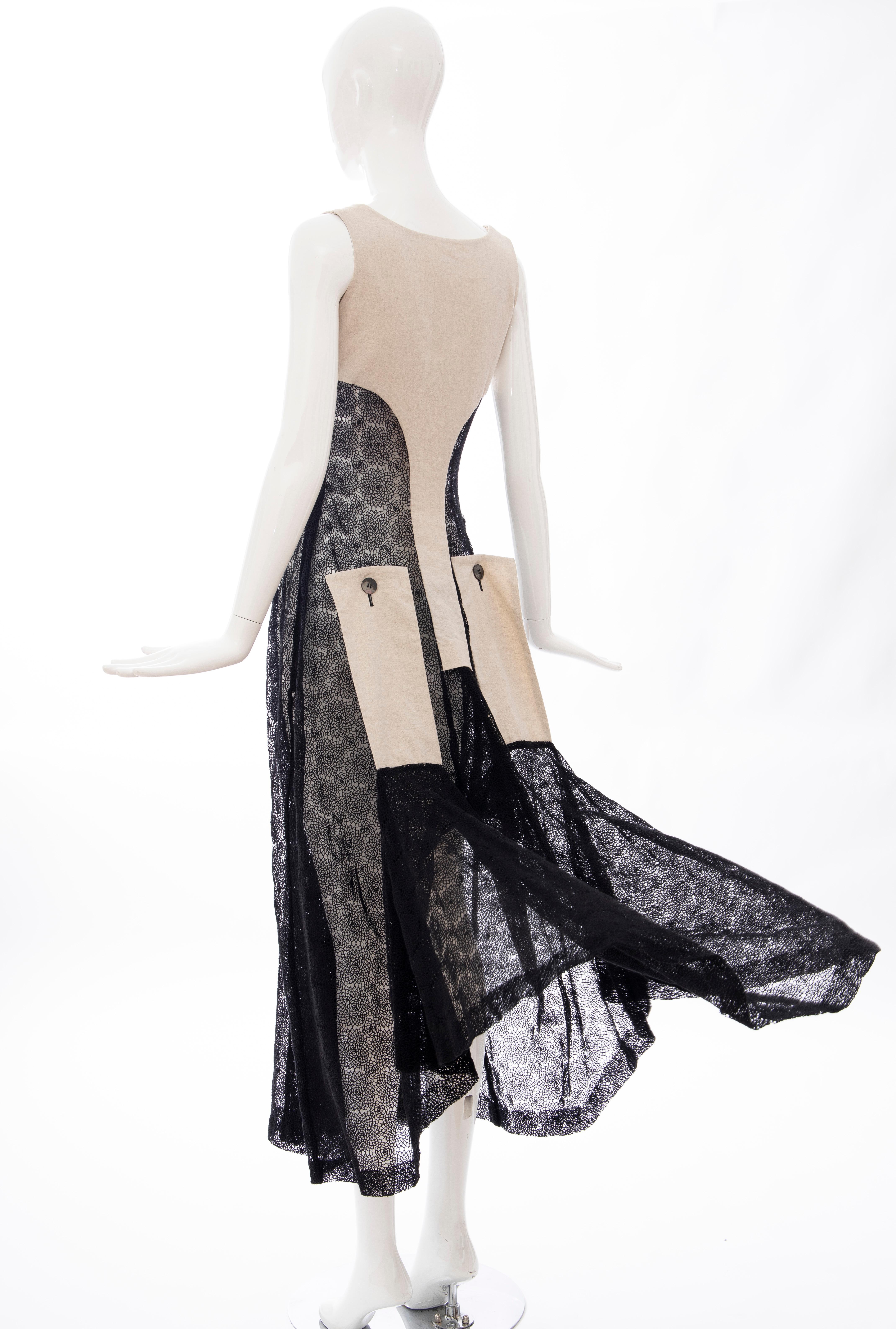Yohji Yamamoto Runway Black Cotton Lace & Natural Linen Dress, Spring 2005 10