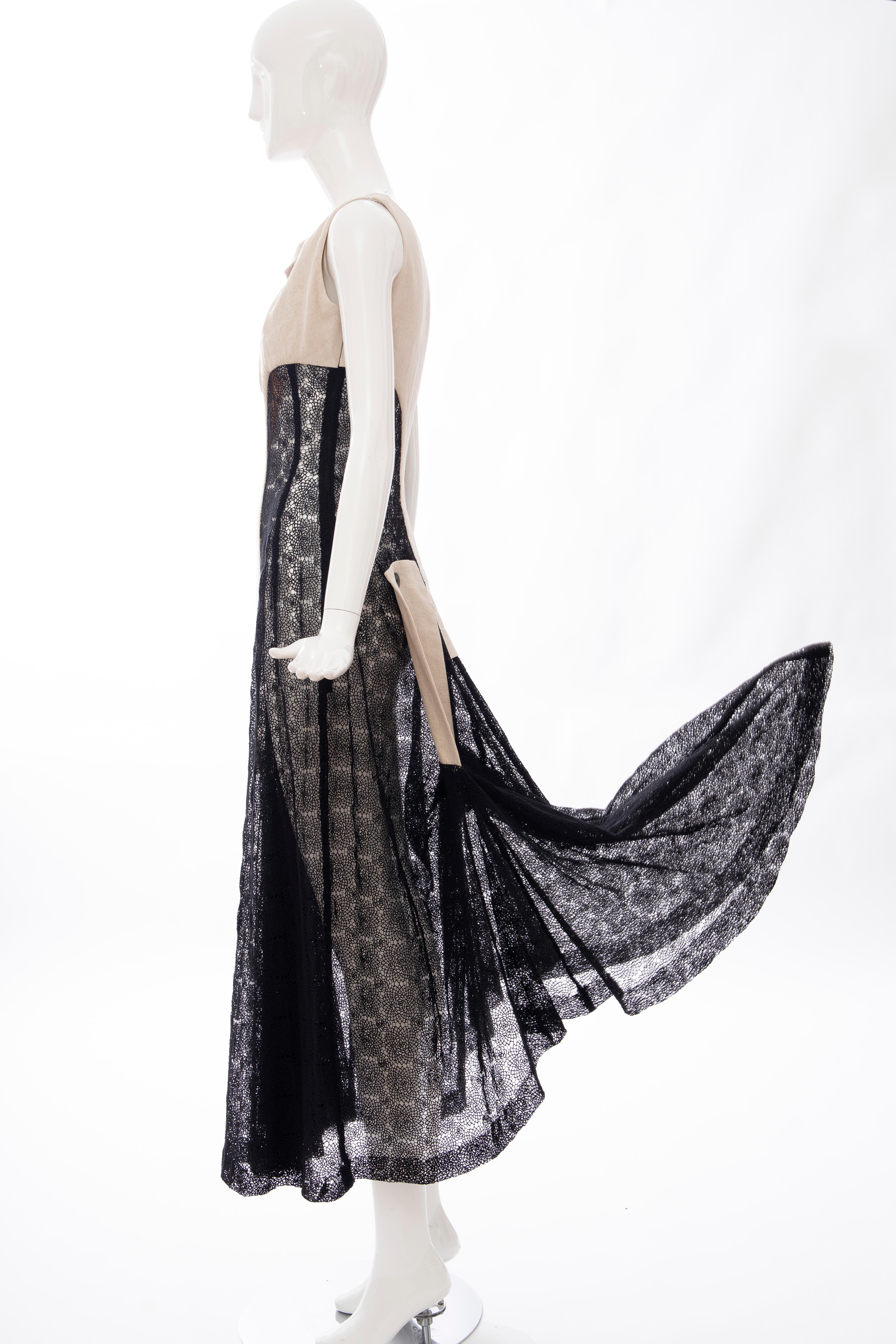 Yohji Yamamoto Runway Black Cotton Lace & Natural Linen Dress, Spring 2005 11