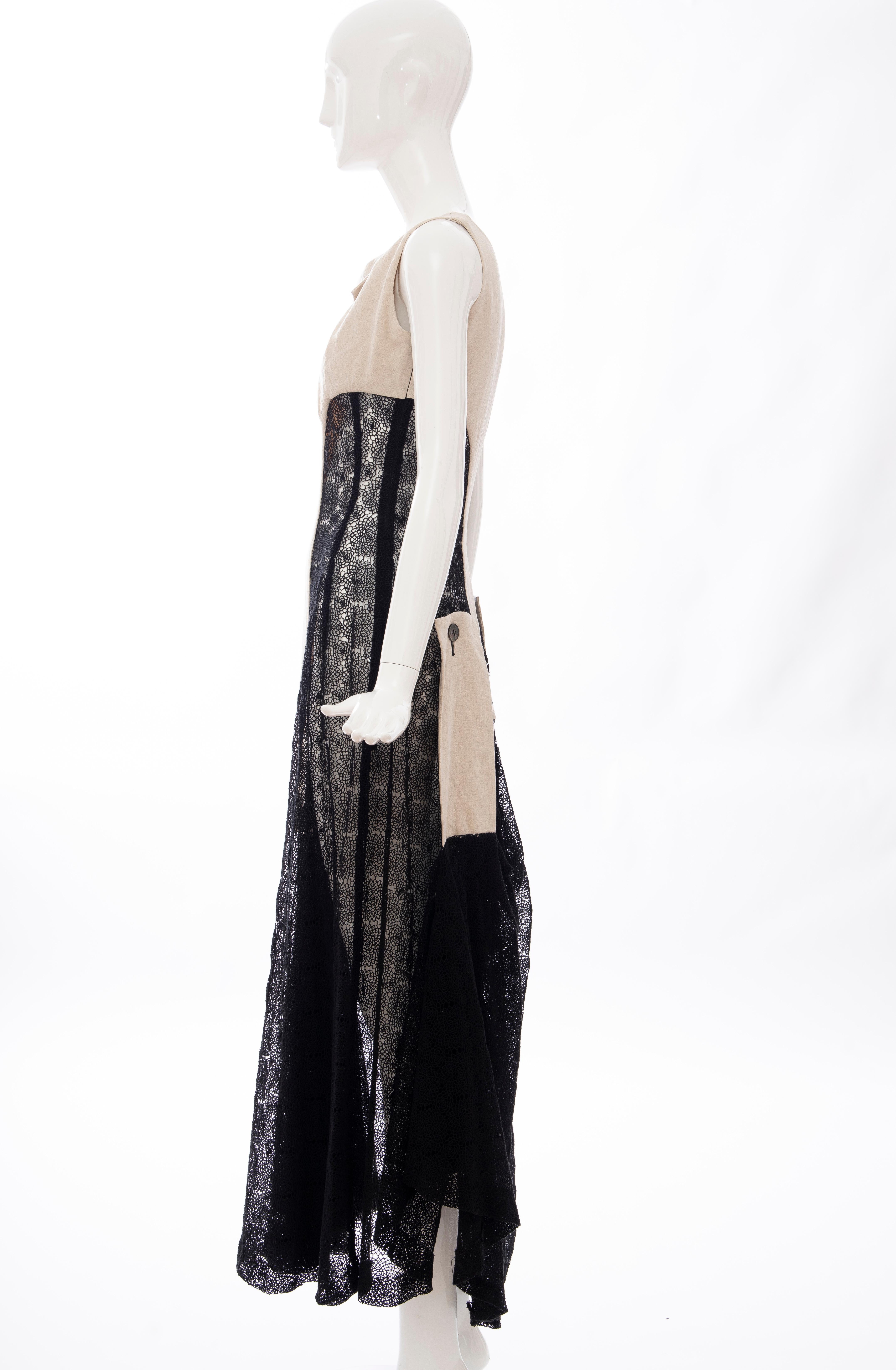 Yohji Yamamoto Runway Black Cotton Lace & Natural Linen Dress, Spring 2005 12