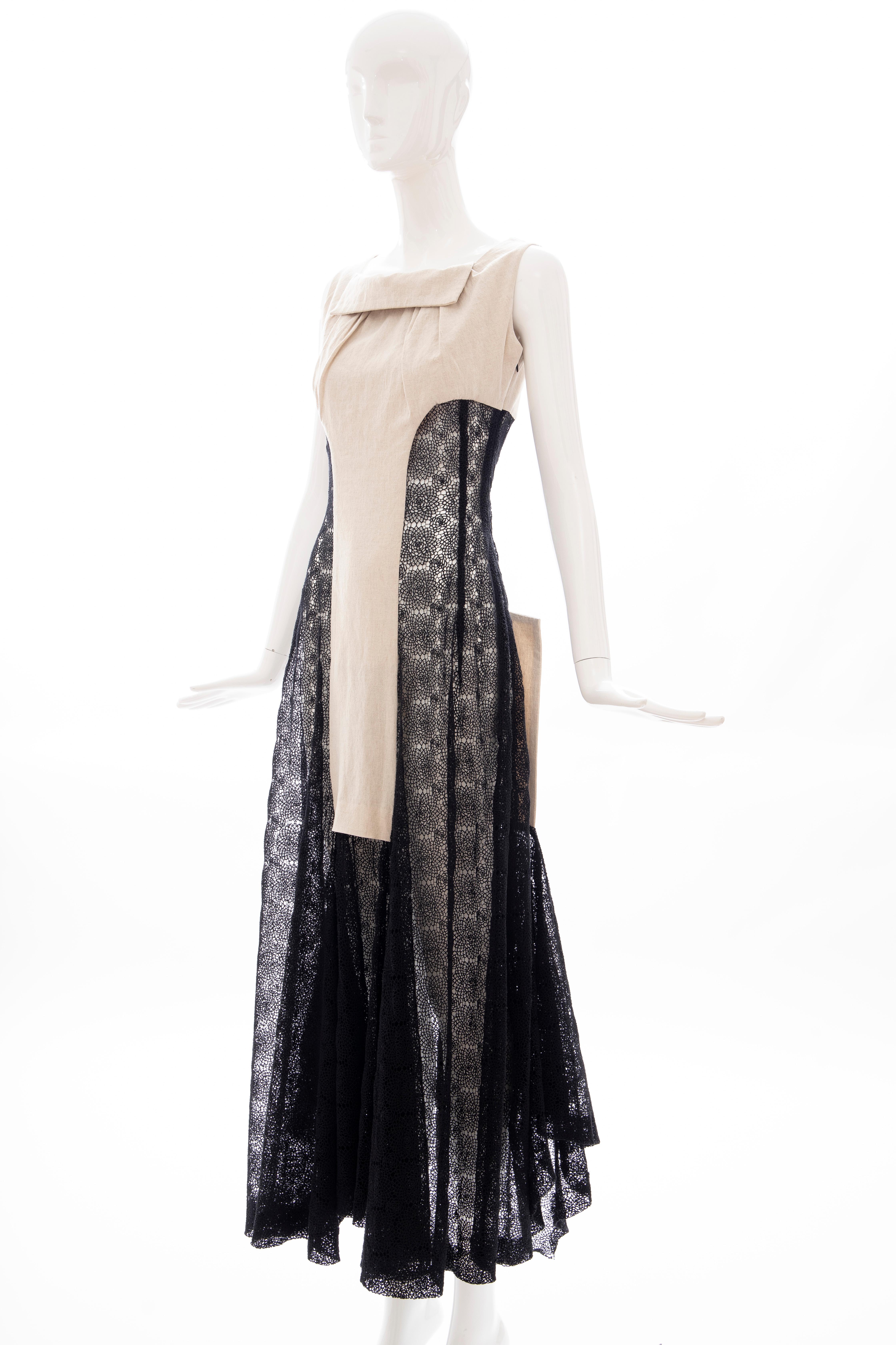 Yohji Yamamoto Runway Black Cotton Lace & Natural Linen Dress, Spring 2005 13