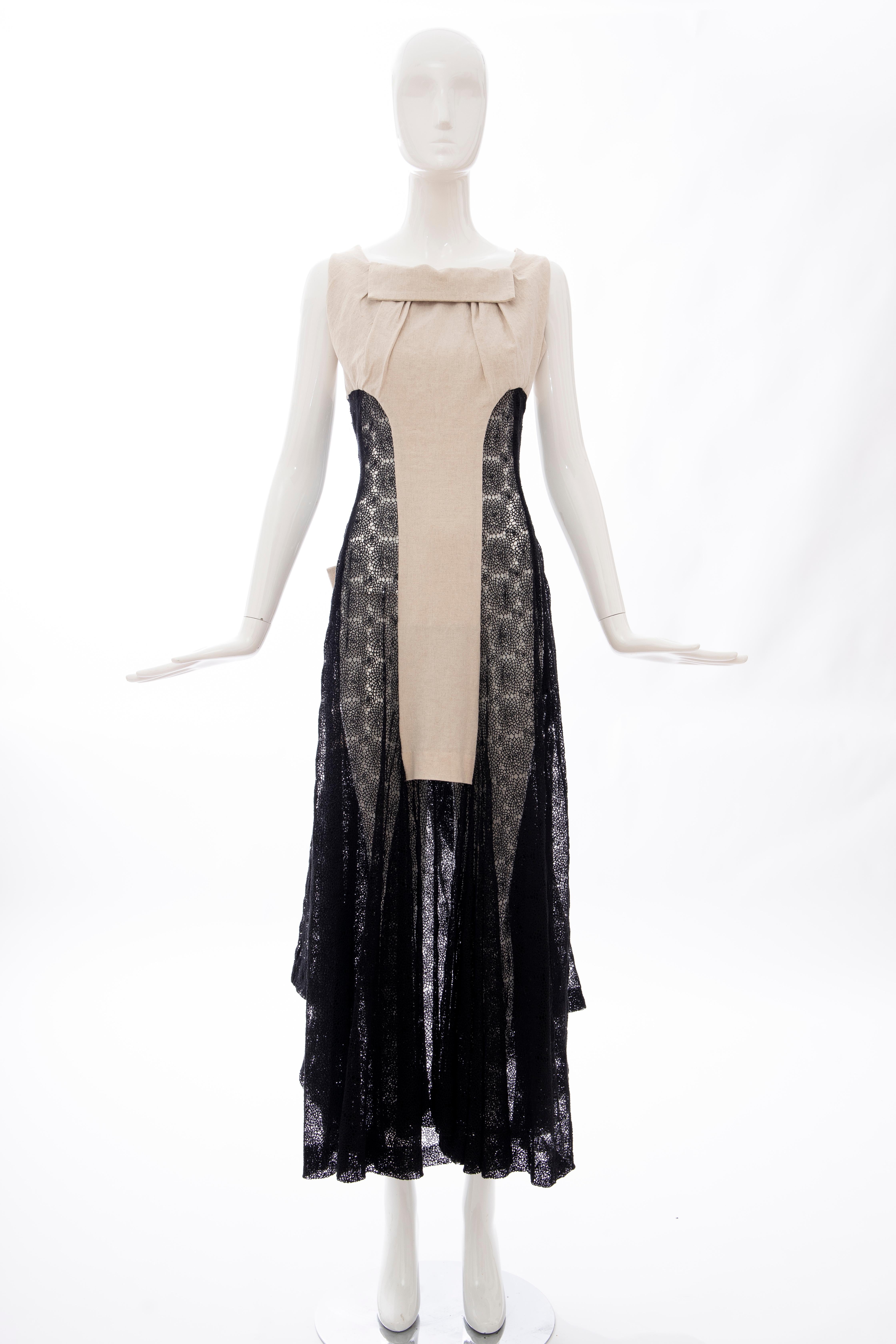 Yohji Yamamoto, Runway Spring 2005, black cotton sleeveless lace dress with natural linen and side zip.

Japan: 2

Bust: 30.5