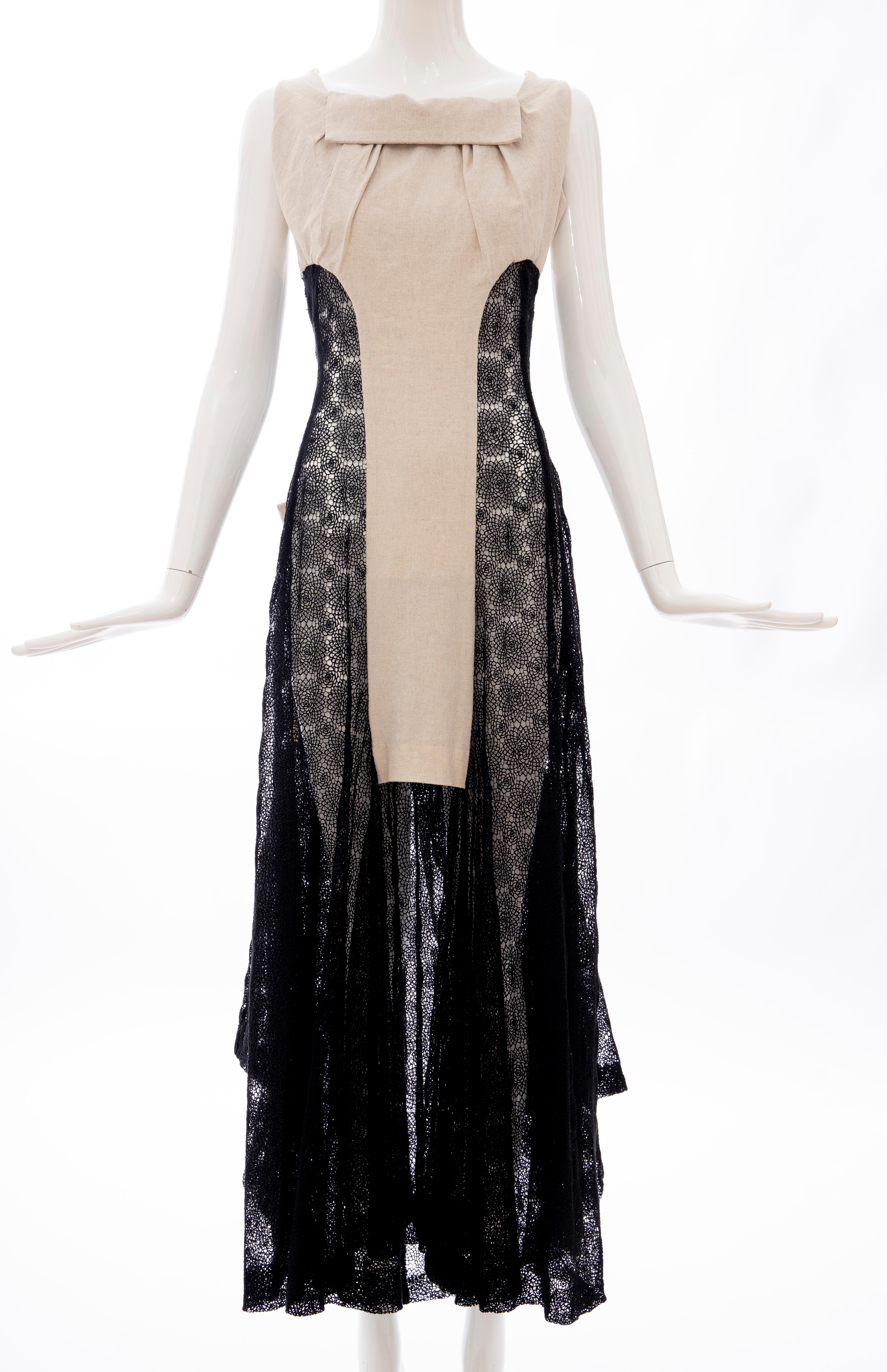 Yohji Yamamoto Runway Black Cotton Lace & Natural Linen Dress, Spring 2005 In Excellent Condition In Cincinnati, OH