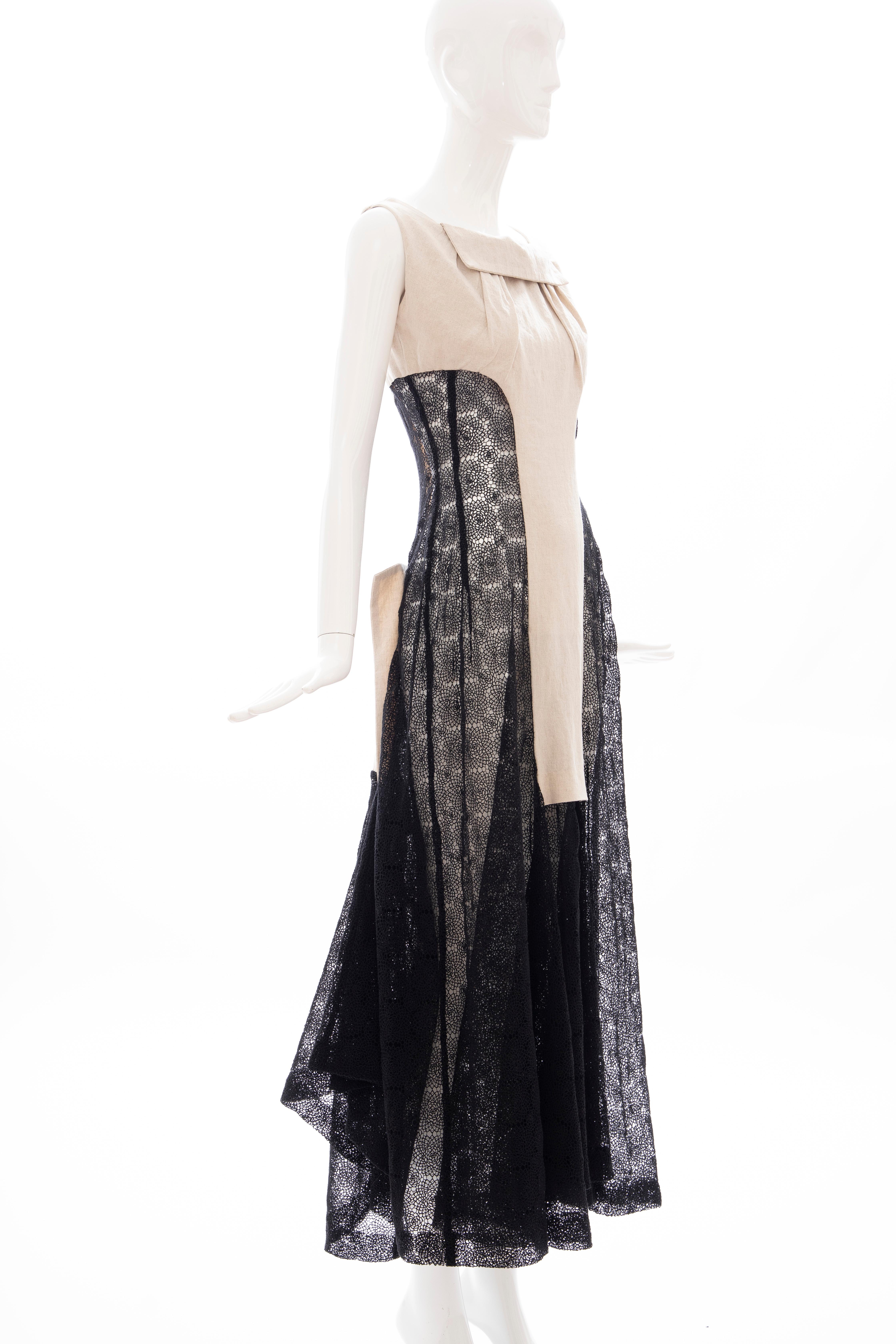 Yohji Yamamoto Runway Black Cotton Lace & Natural Linen Dress, Spring 2005 1