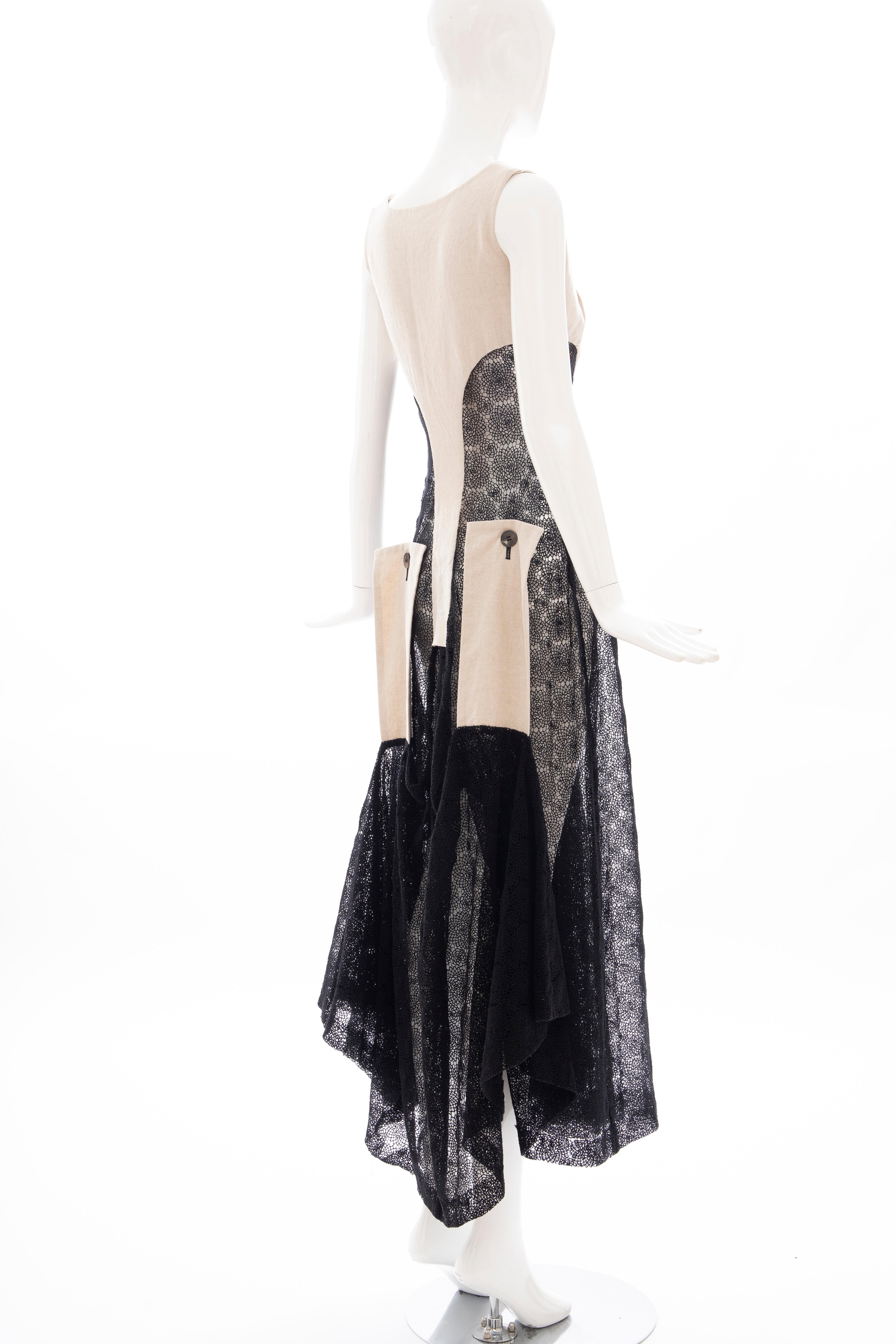 Yohji Yamamoto Runway Black Cotton Lace & Natural Linen Dress, Spring 2005 3