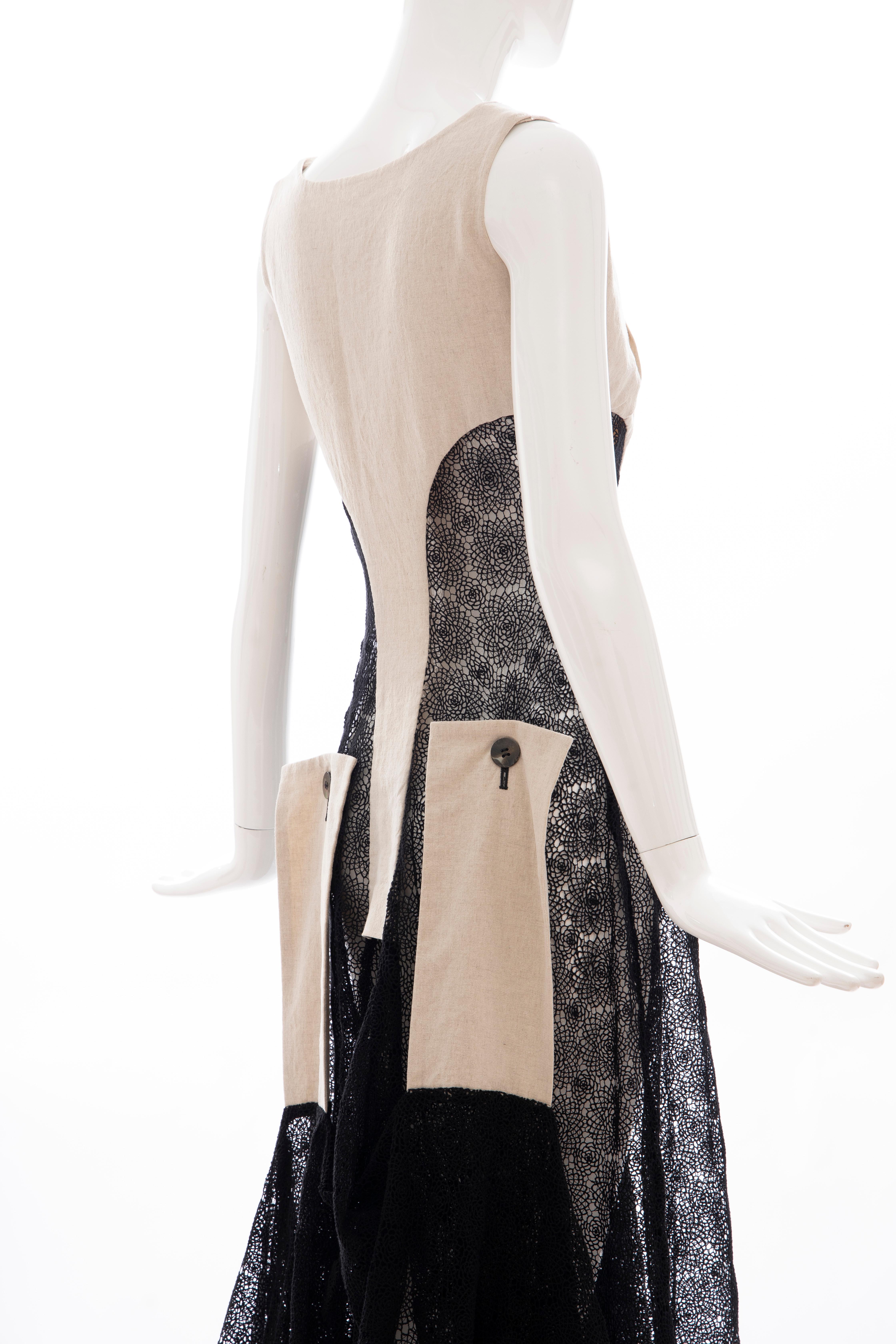 Yohji Yamamoto Runway Black Cotton Lace & Natural Linen Dress, Spring 2005 5