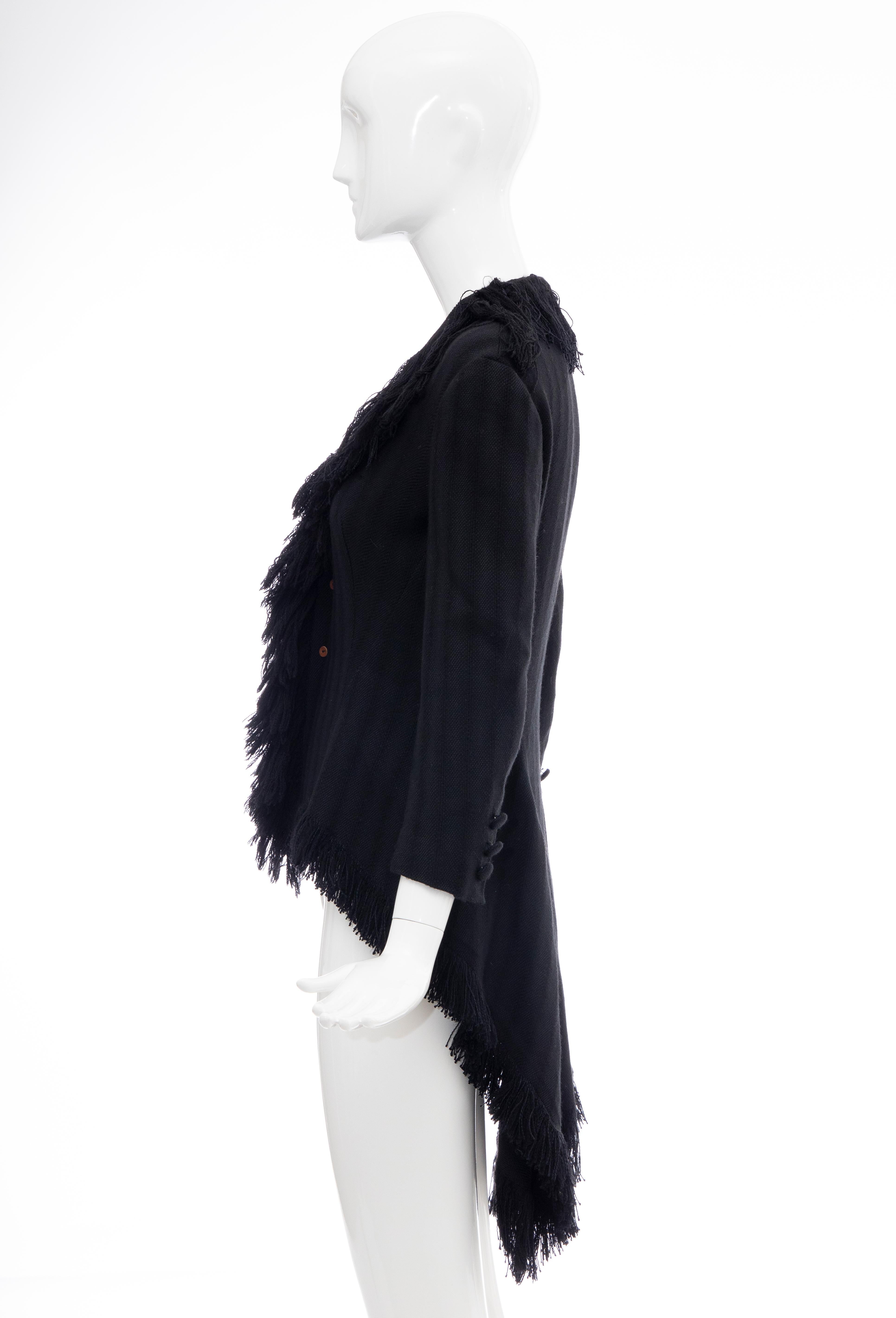 Yohji Yamamoto Runway Black Silk Wool Tweed Fringe Cutaway Jacket, Fall 2013 For Sale 7