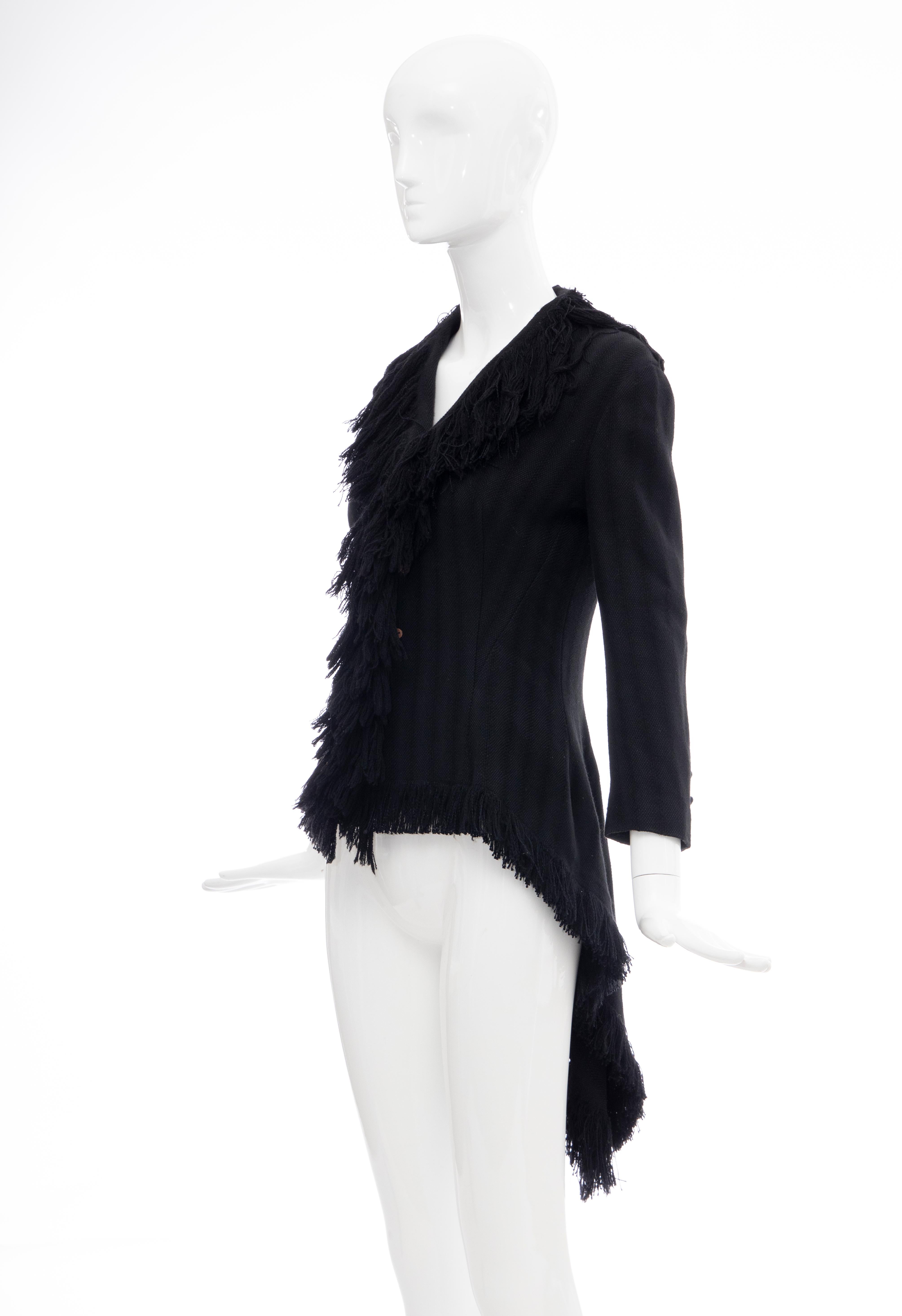 Yohji Yamamoto Runway Black Silk Wool Tweed Fringe Cutaway Jacket, Fall 2013 For Sale 8