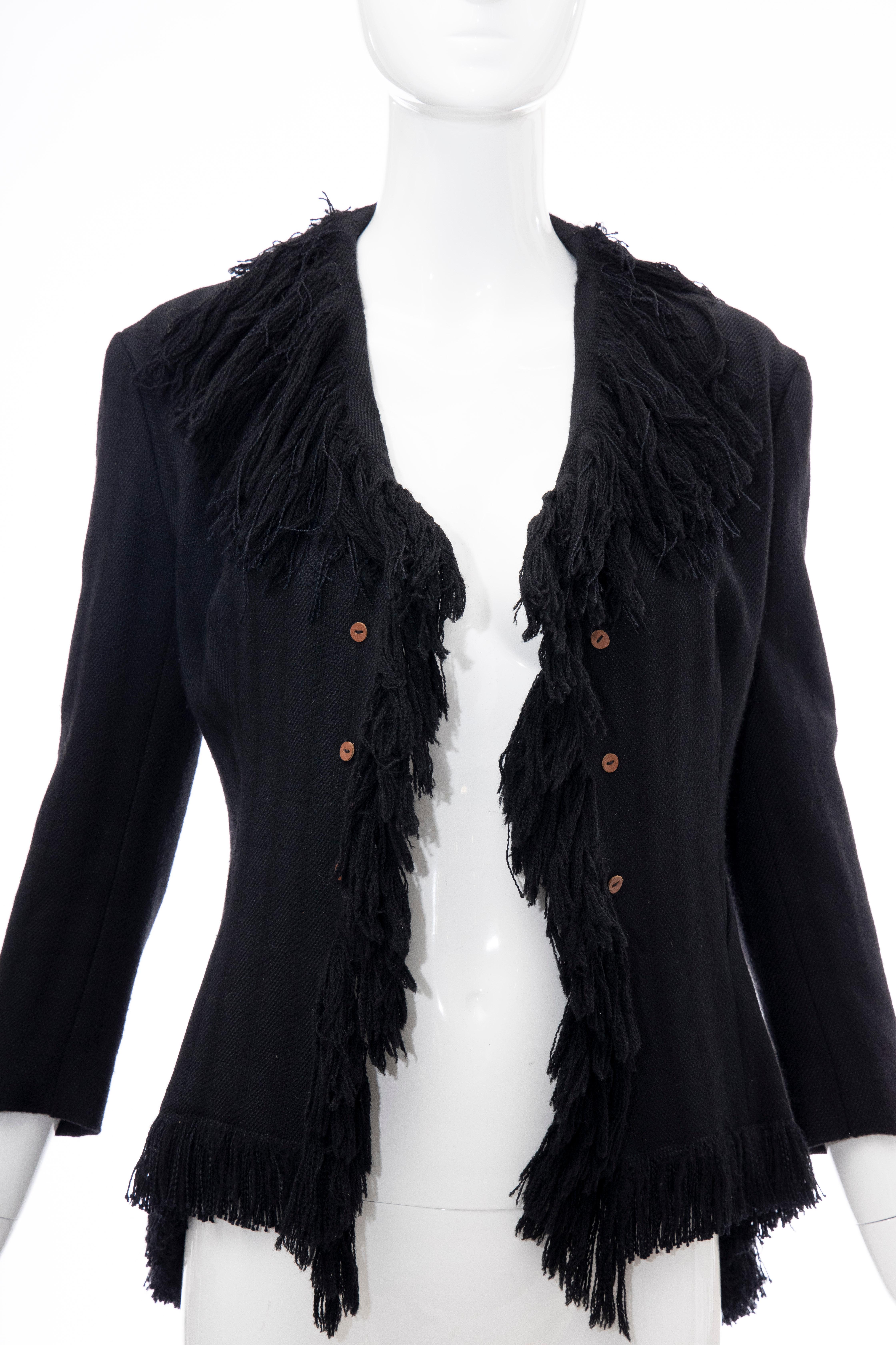 Yohji Yamamoto Runway Black Silk Wool Tweed Fringe Cutaway Jacket, Fall 2013 For Sale 9