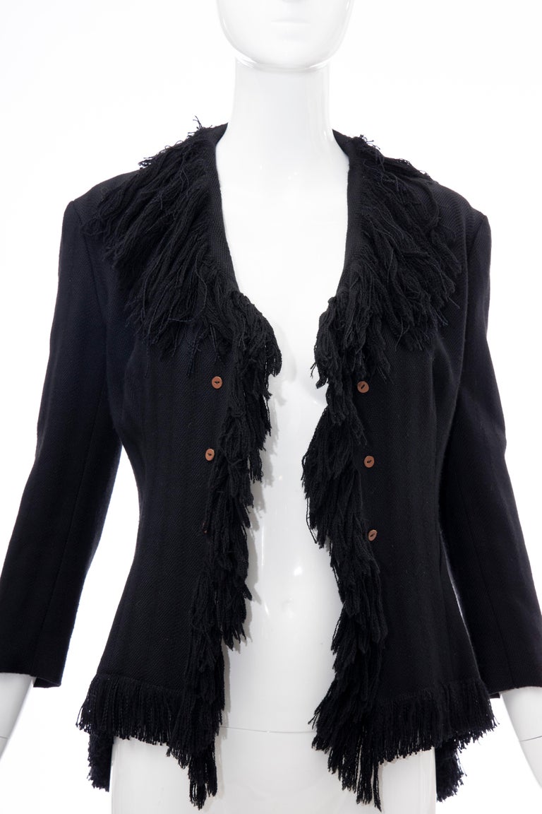 Yohji Yamamoto Runway Black Silk Wool Tweed Fringe Cutaway Jacket, Fall ...