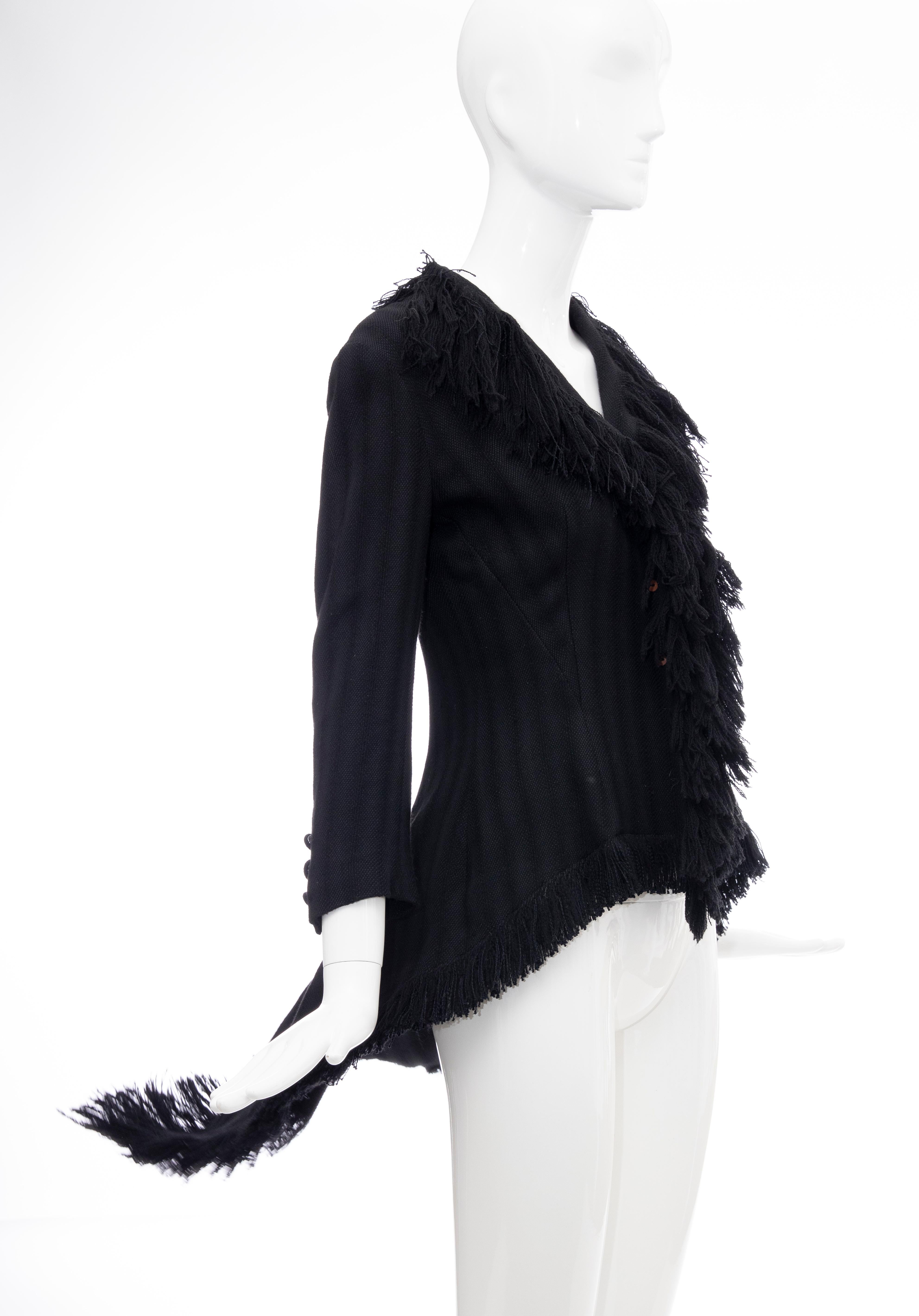 Women's Yohji Yamamoto Runway Black Silk Wool Tweed Fringe Cutaway Jacket, Fall 2013 For Sale