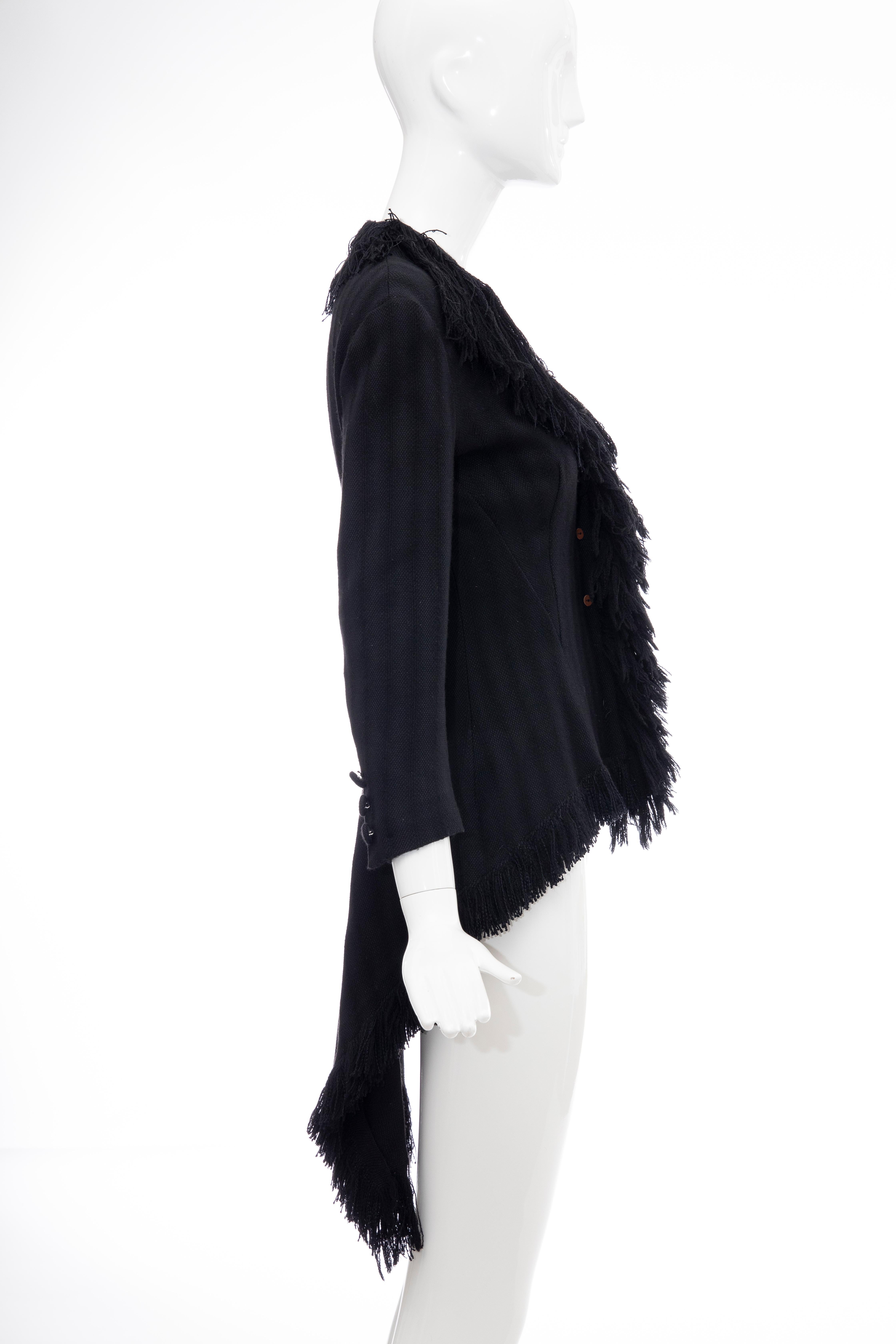 Yohji Yamamoto Runway Black Silk Wool Tweed Fringe Cutaway Jacket, Fall 2013 For Sale 1