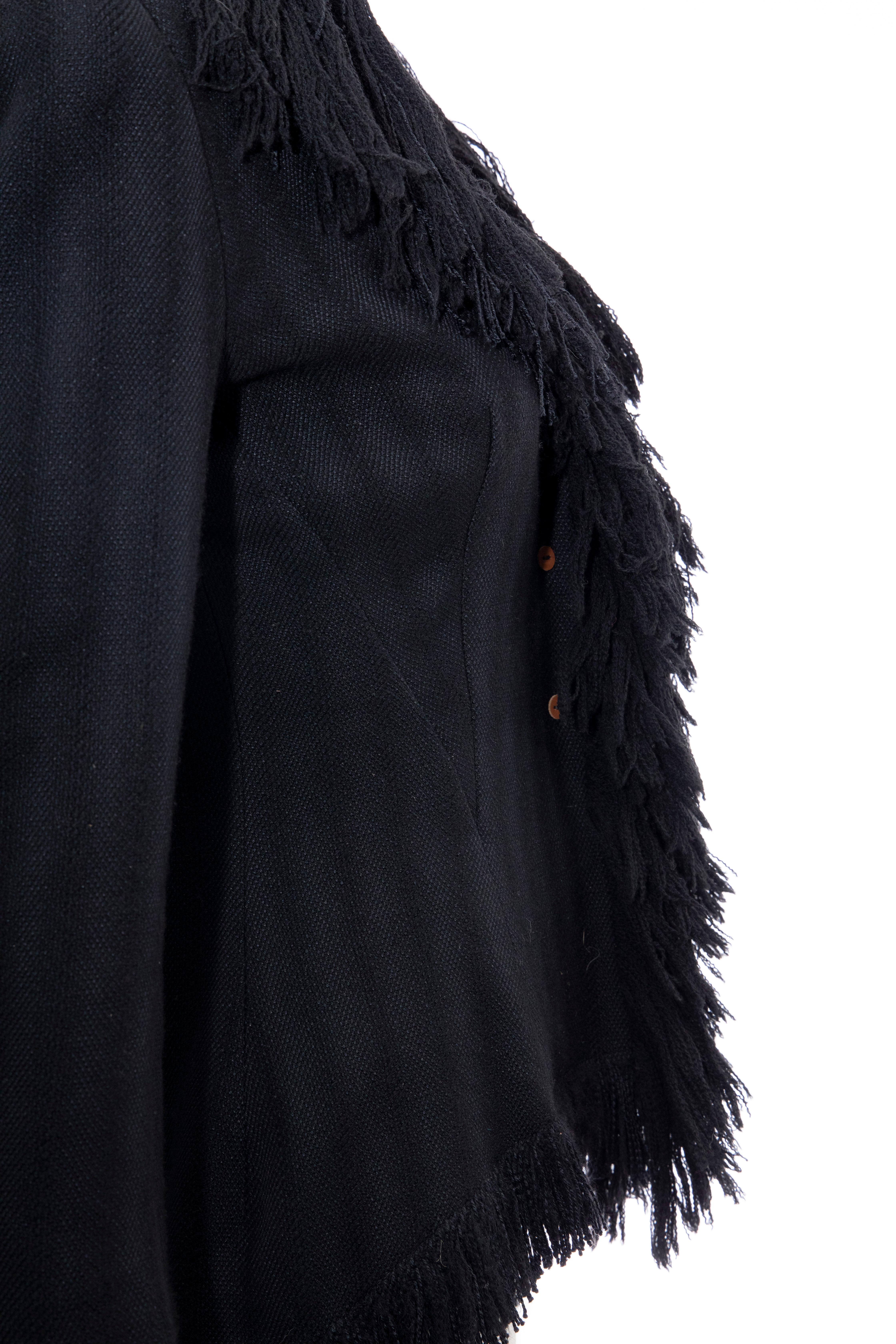 Yohji Yamamoto Runway Black Silk Wool Tweed Fringe Cutaway Jacket, Fall 2013 For Sale 2
