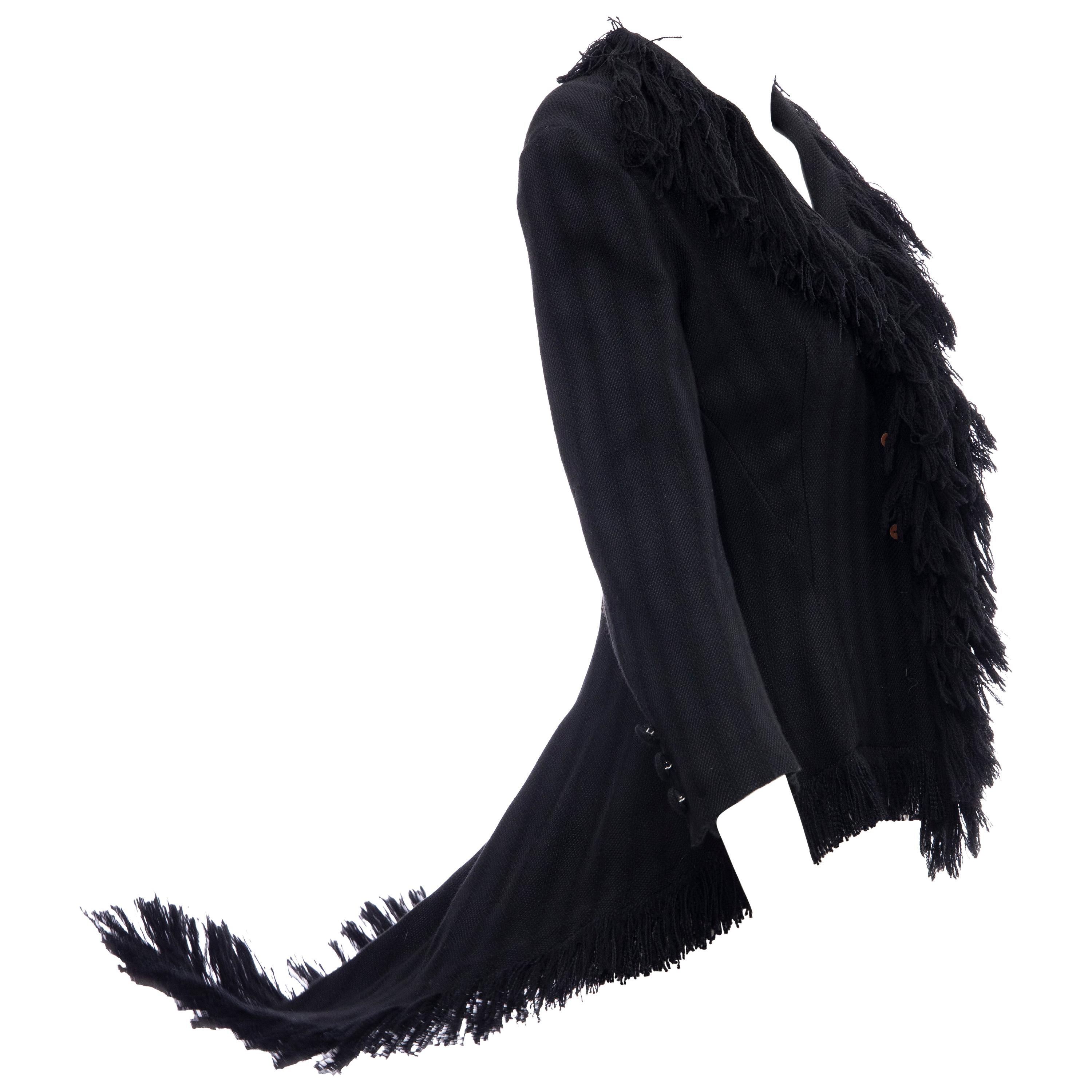 Yohji Yamamoto Runway Black Silk Wool Tweed Fringe Cutaway Jacket, Fall 2013 For Sale