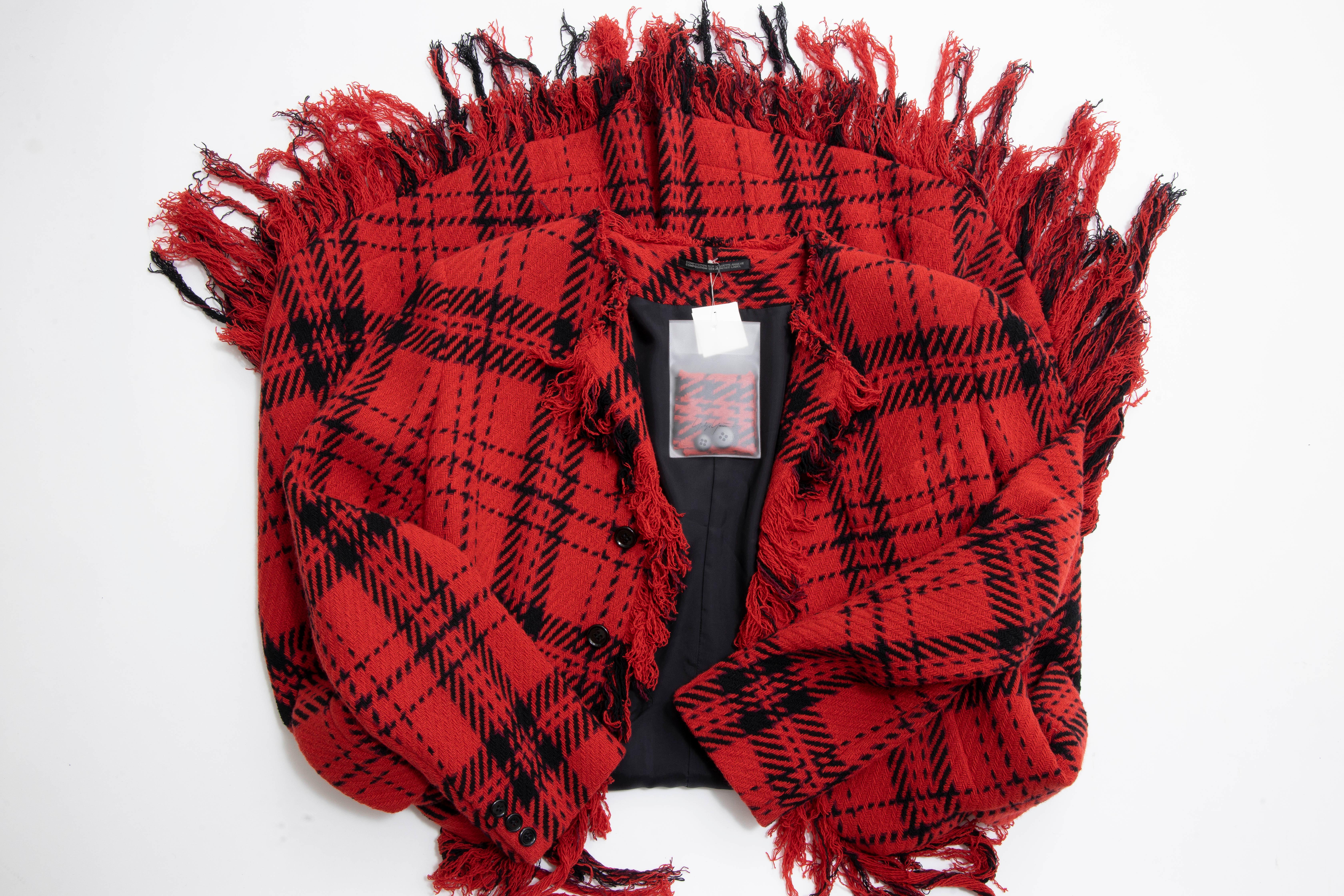 Yohji Yamamoto Runway Wool Nylon Tartan Button Front Fringed Jacket, Fall 2003 For Sale 8