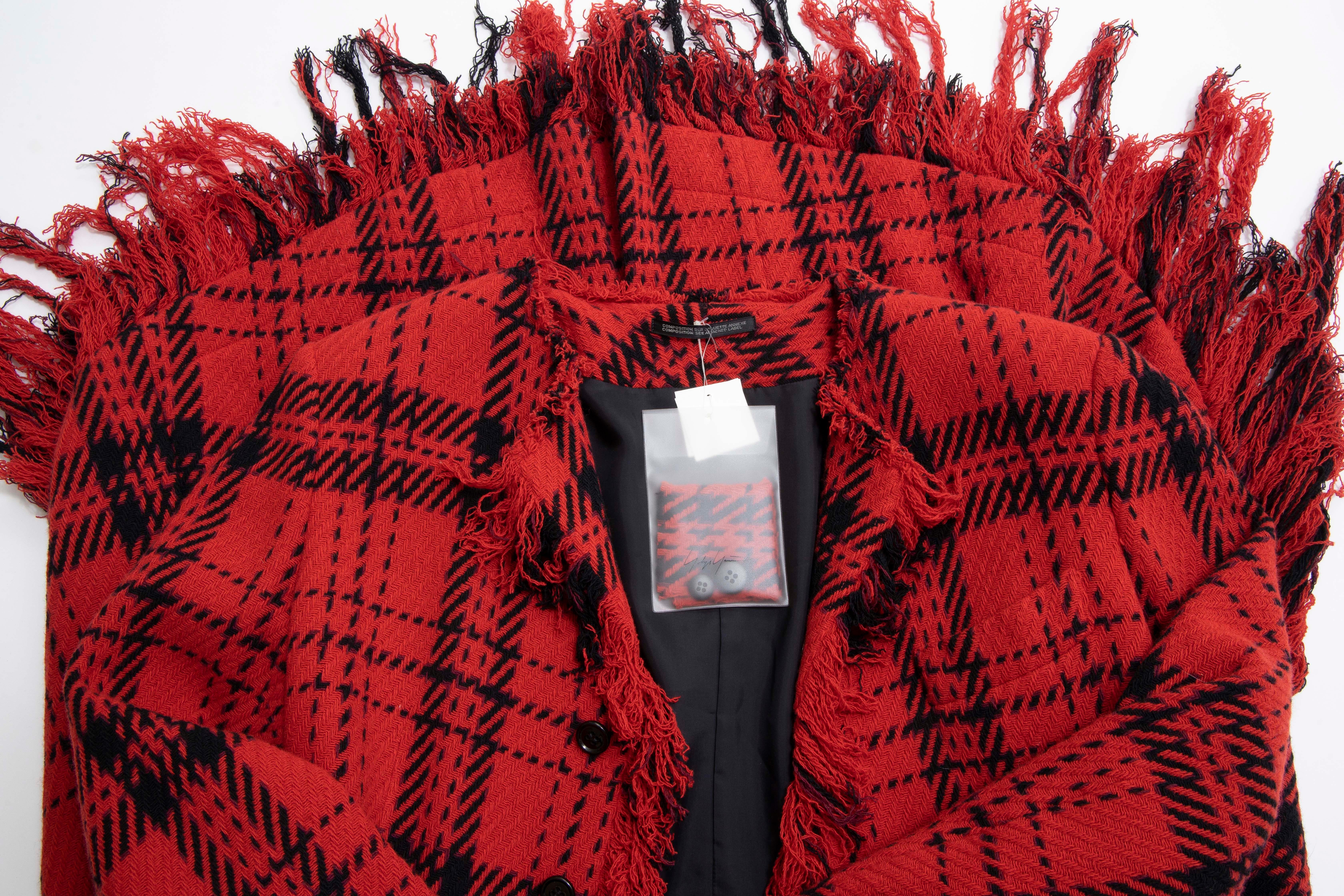 Yohji Yamamoto Runway Wool Nylon Tartan Button Front Fringed Jacket, Fall 2003 For Sale 9