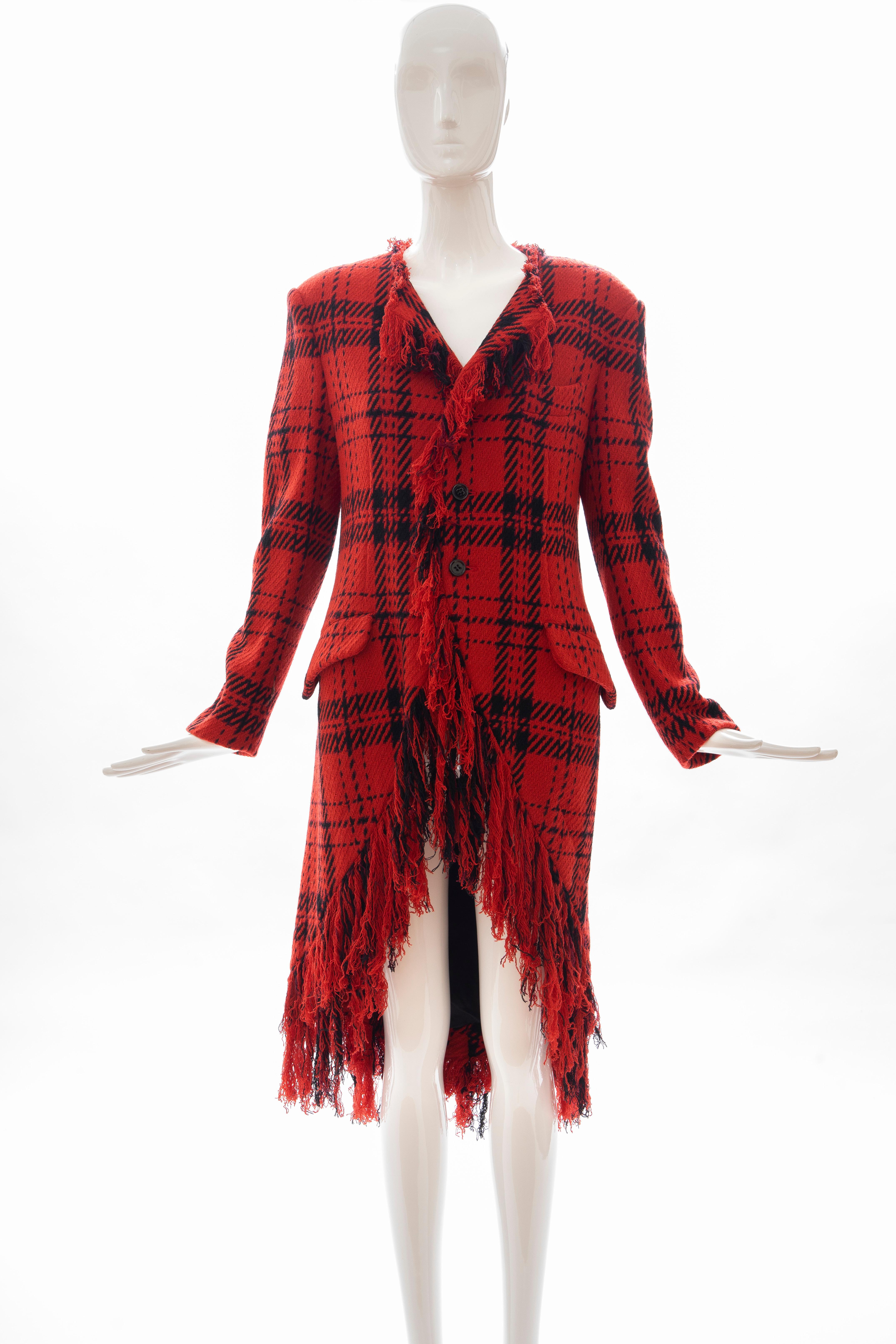 Red Yohji Yamamoto Runway Wool Nylon Tartan Button Front Fringed Jacket, Fall 2003 For Sale