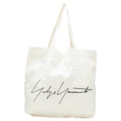 YOHJI YAMAMOTO Signature logo black print beige white recycle fabric tote bag